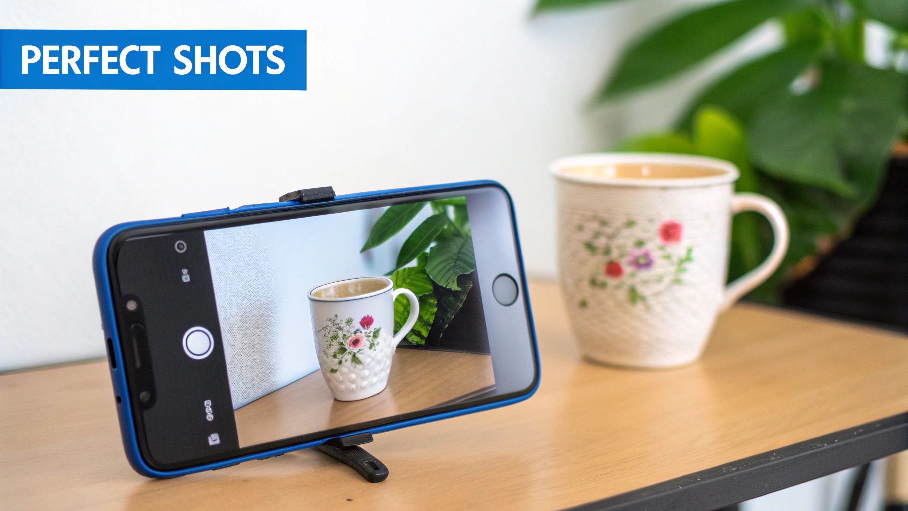 A person using their smartphone to take a well-lit photo of a vintage vase against a clean, neutral background.
