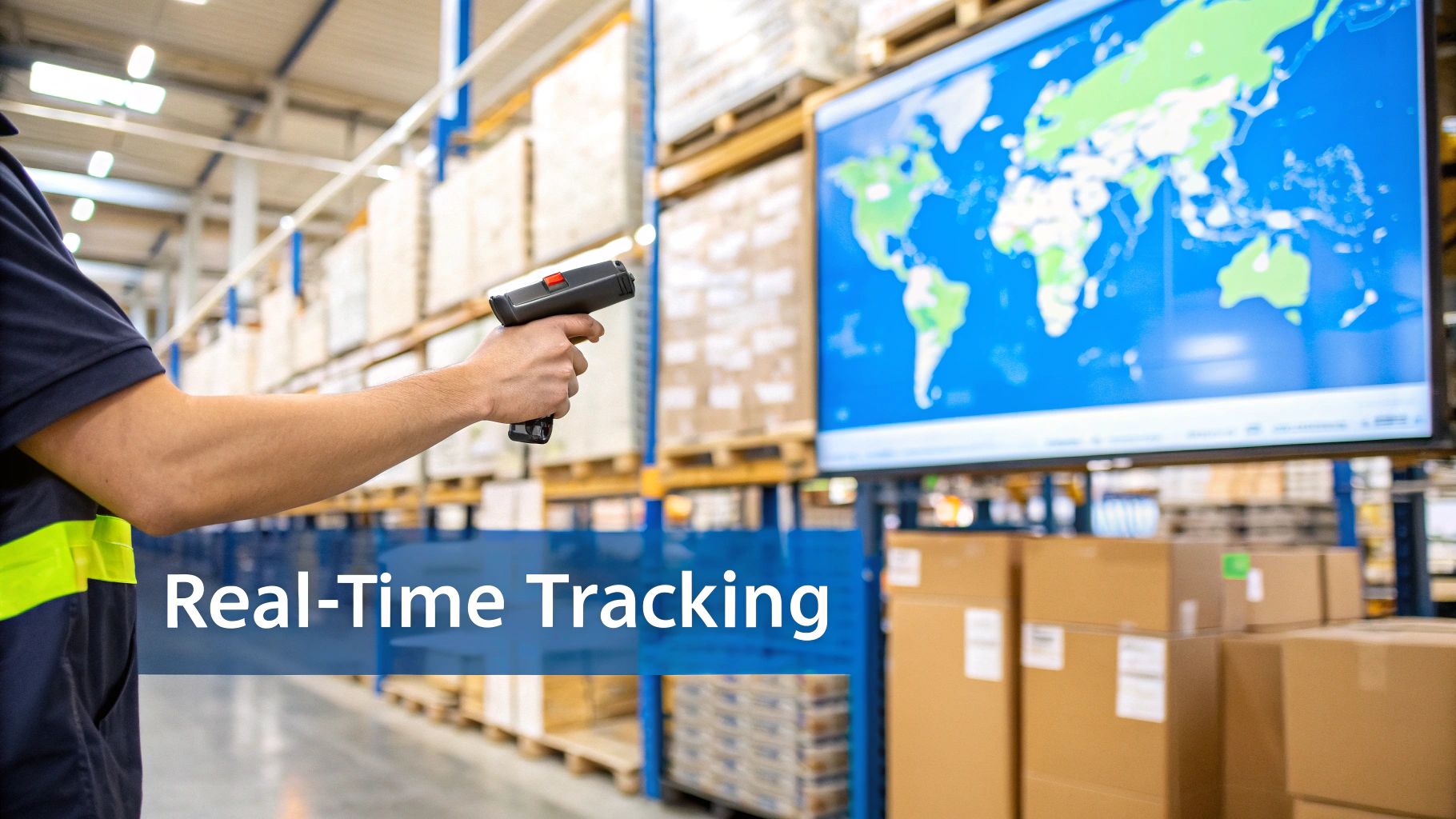 A warehouse worker scans a box with a handheld scanner, with digital inventory data overlaid, demonstrating real-time tracking.