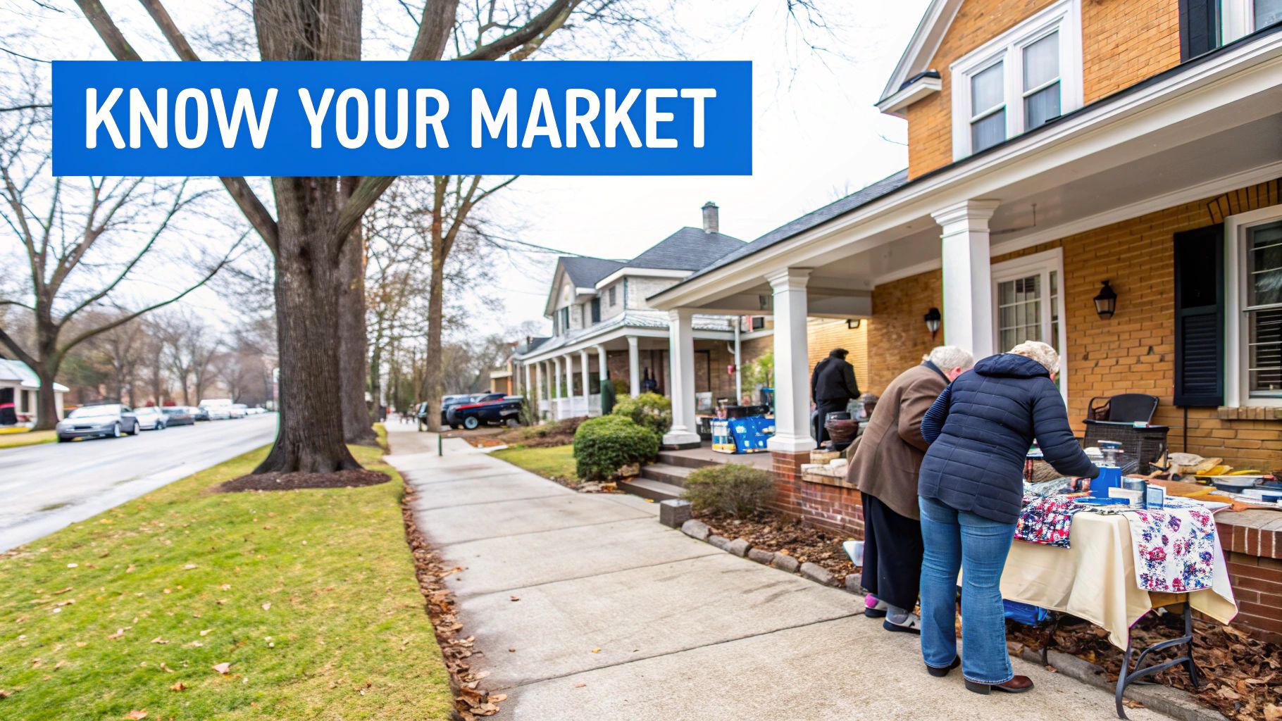 Two women shop at an outdoor estate sale on a tree-lined residential street with brick houses.