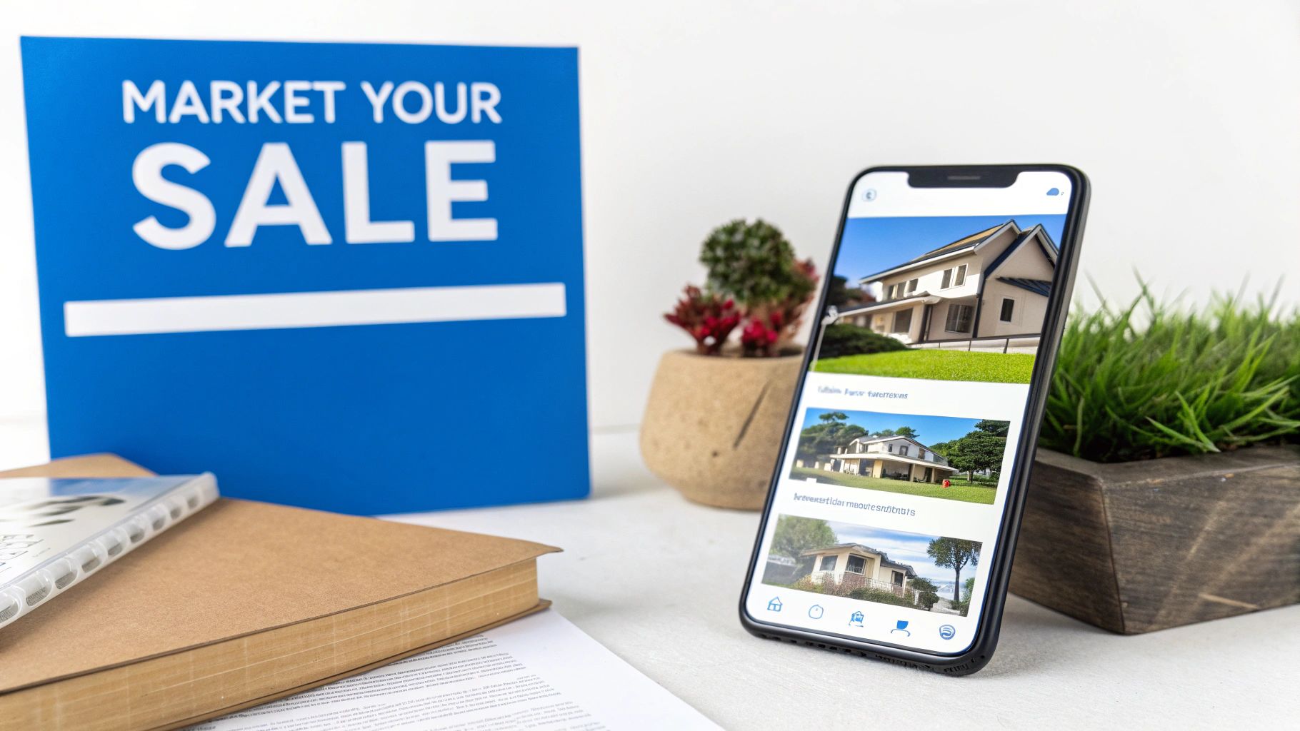 Smartphone displaying real estate listings next to market your sale sign and documents on desk