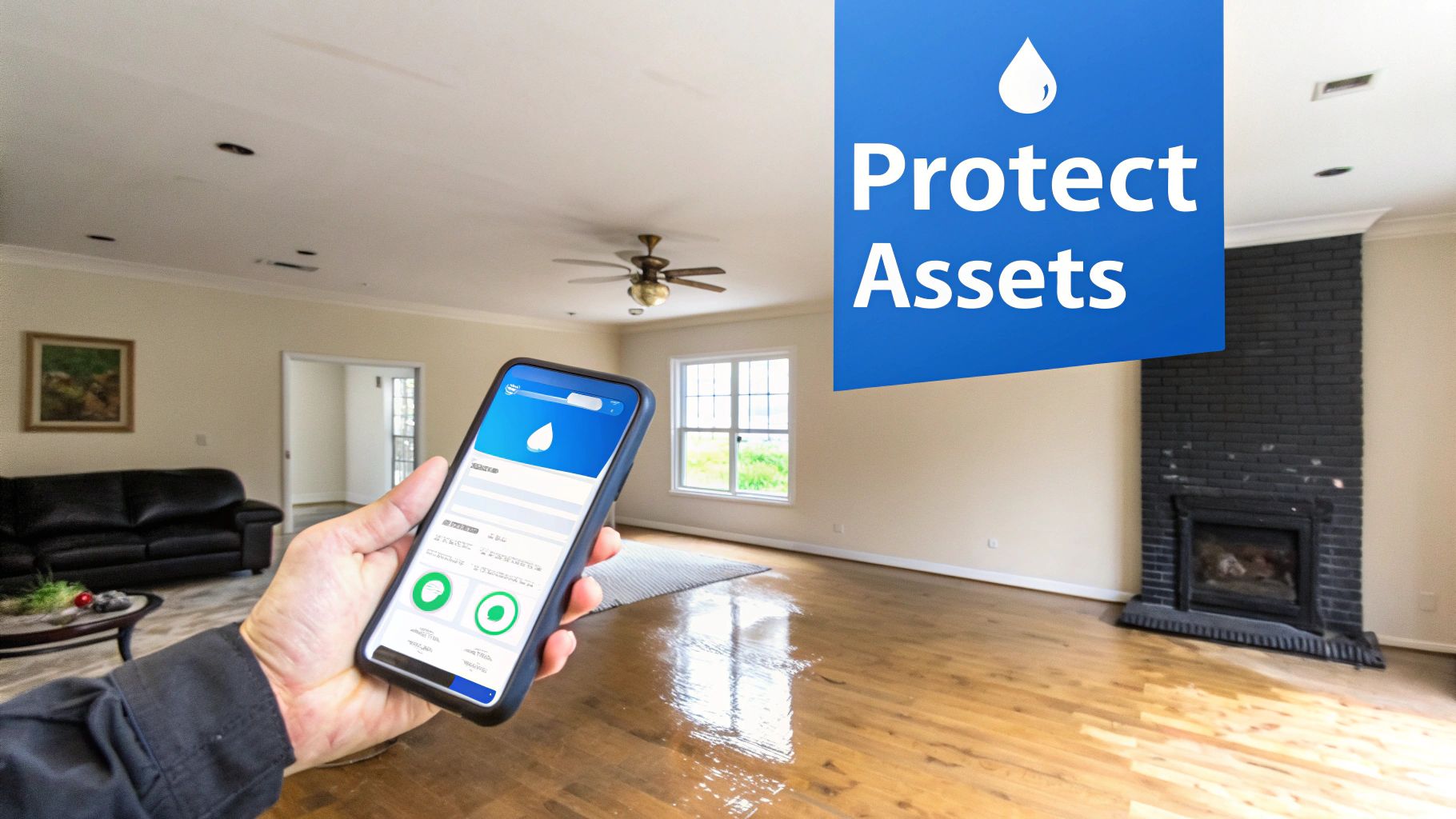 A person using a tablet to scan and log items in their modern, organized living room.