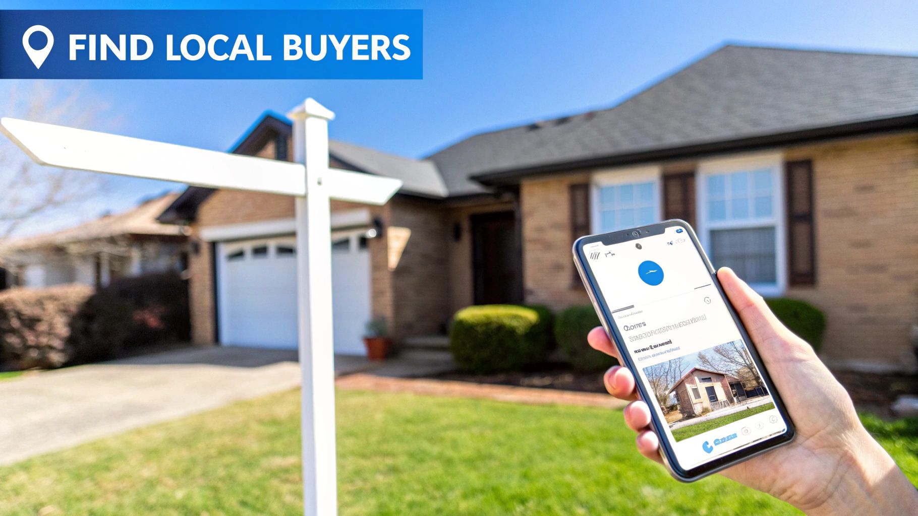 A hand holds a smartphone displaying a real estate app, with a house and for sale sign.