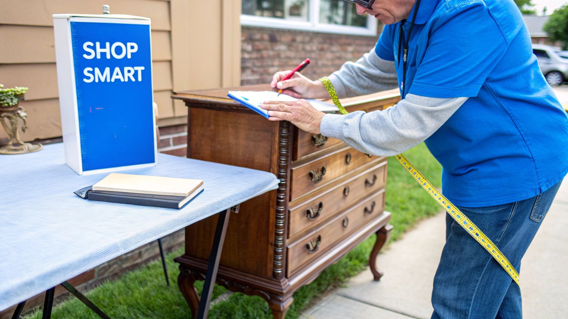 A collection of vintage items, including a typewriter and old books, arranged on a wooden surface.