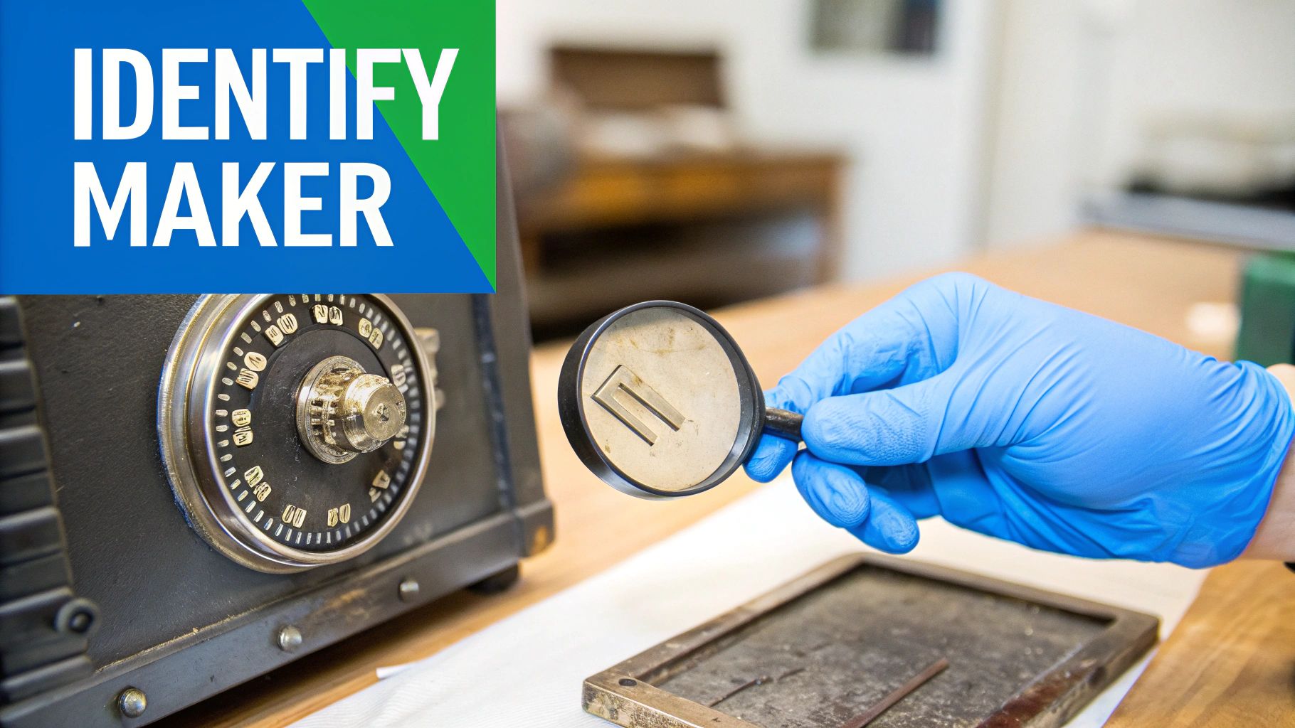 A gloved hand uses a magnifying glass to examine an antique safe, identifying the maker.