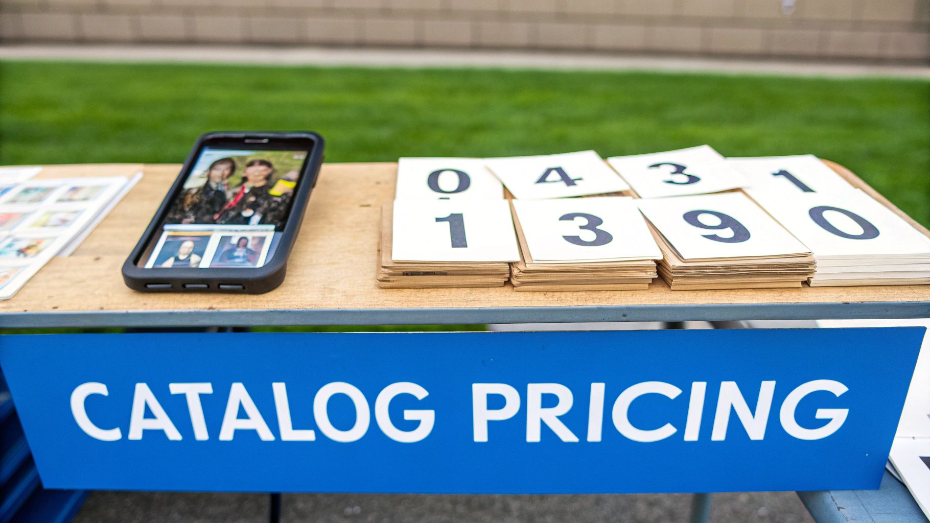 A table with a smartphone, number cards, and a 'CATALOG PRICING' sign at an outdoor event.