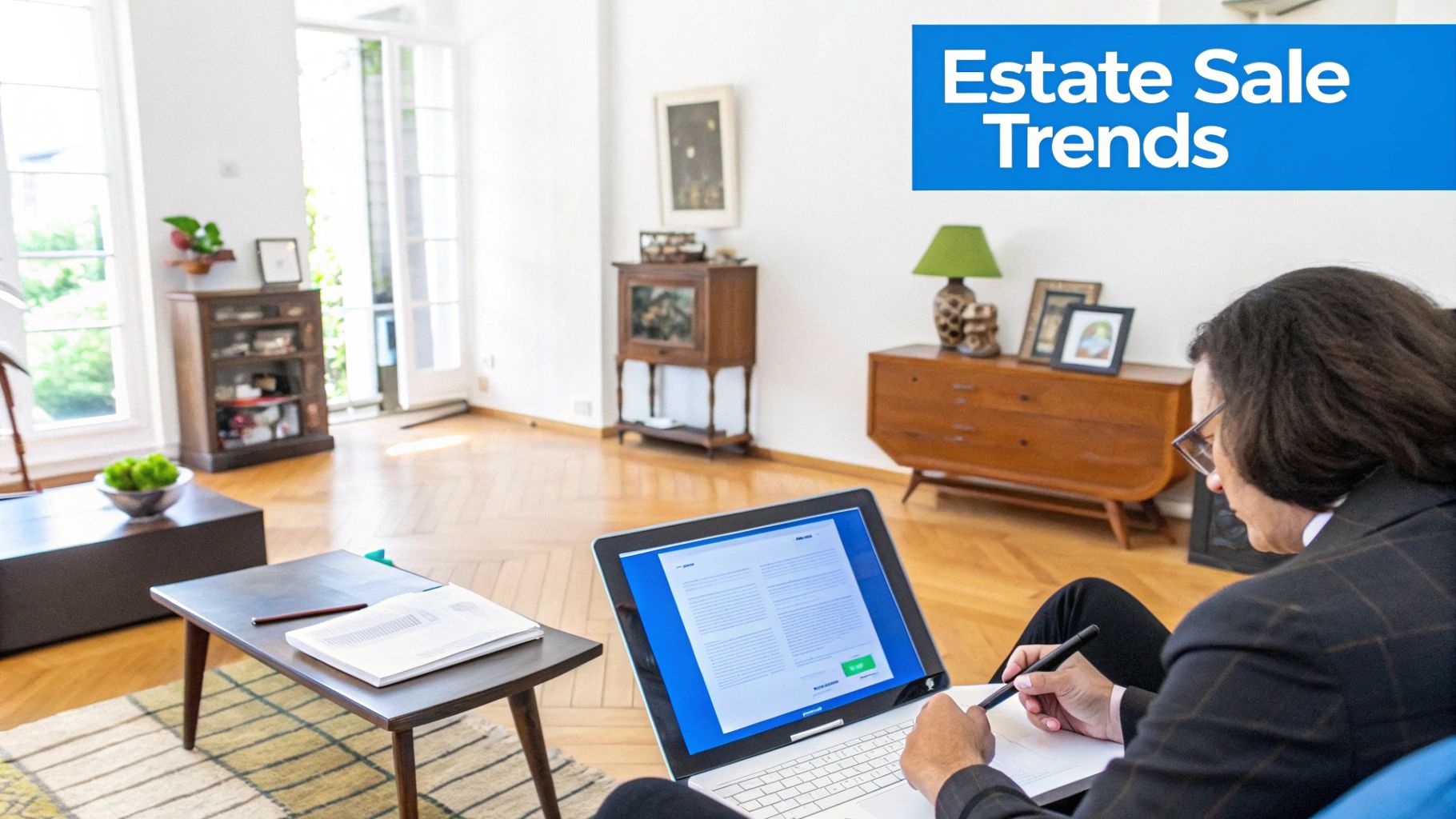 Person on laptop researching estate sale trends in a bright living room with antique furniture.