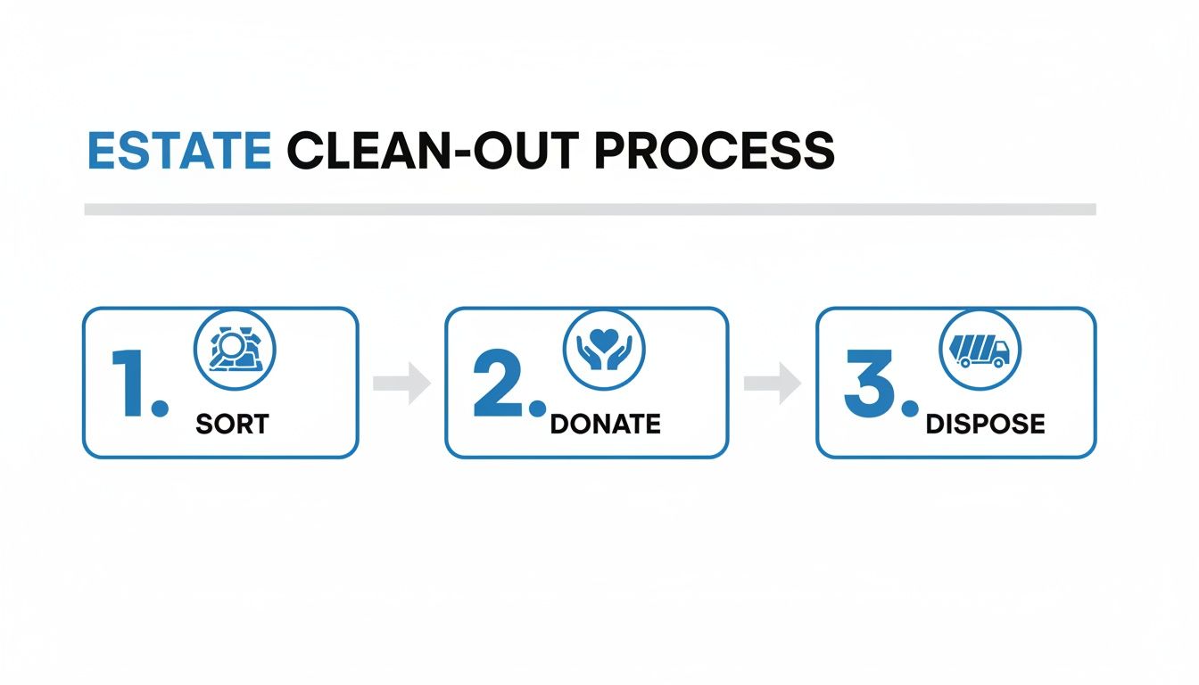Flowchart showing the estate clean-out process in three steps: Sort, Donate, Dispose.