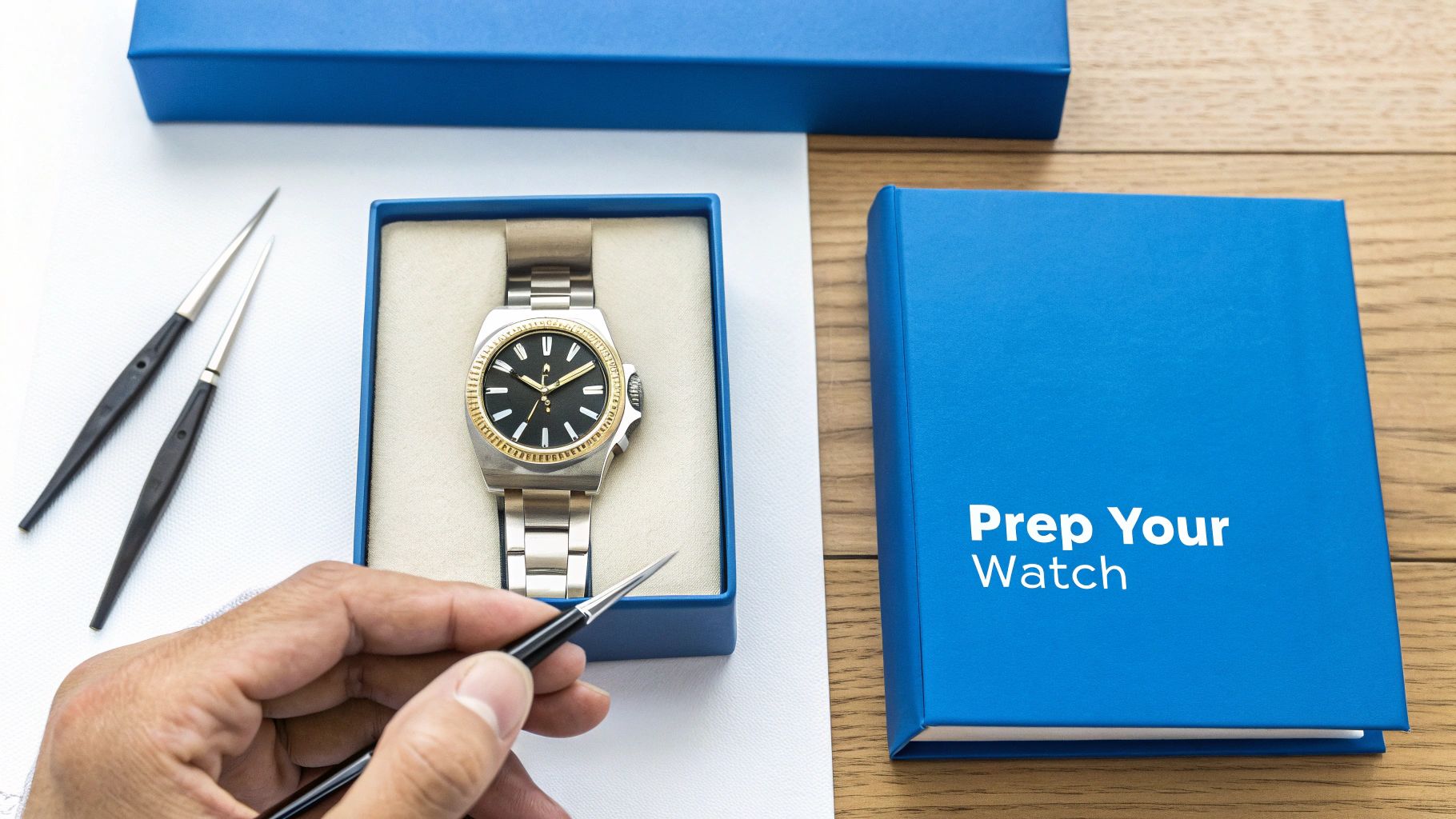An expertly crafted watch listing on a laptop screen, showing high-quality photos and a detailed description.