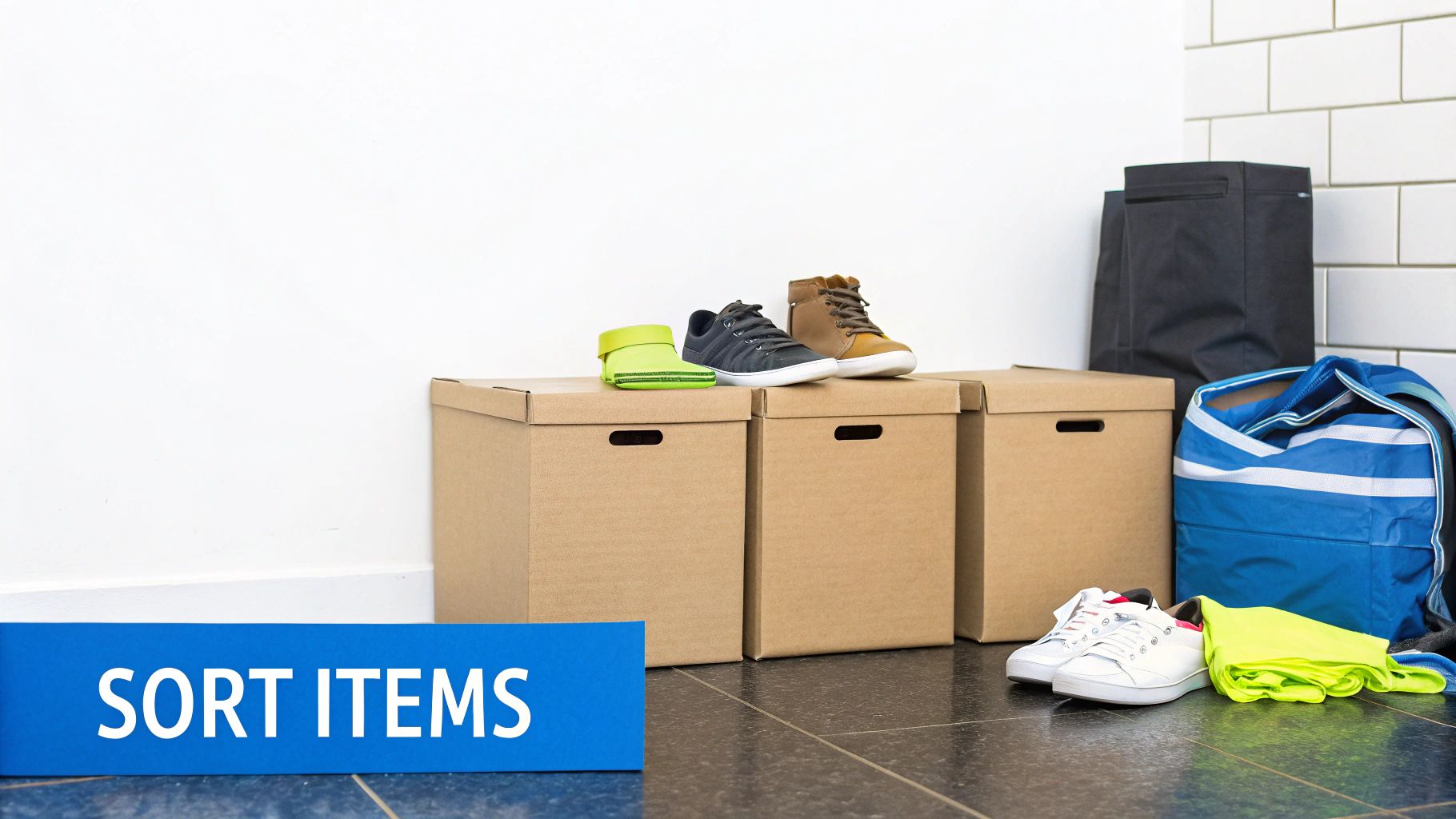 Four labeled boxes for Keep, Donate, Sell, and Trash sit in a room, ready for sorting.