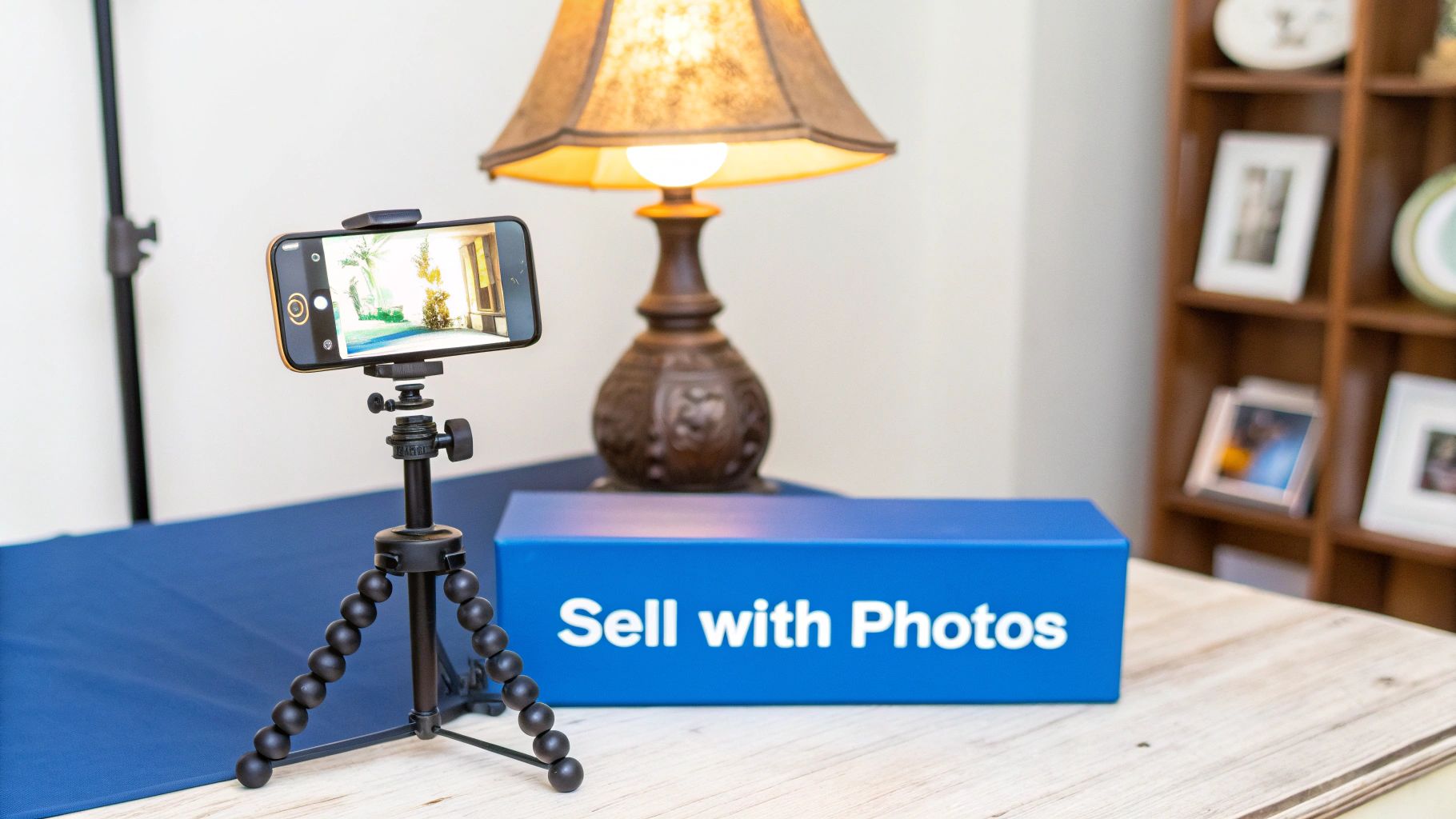A smartphone on a tripod, capturing an image, next to a blue box labeled 'Sell with Photos'.
