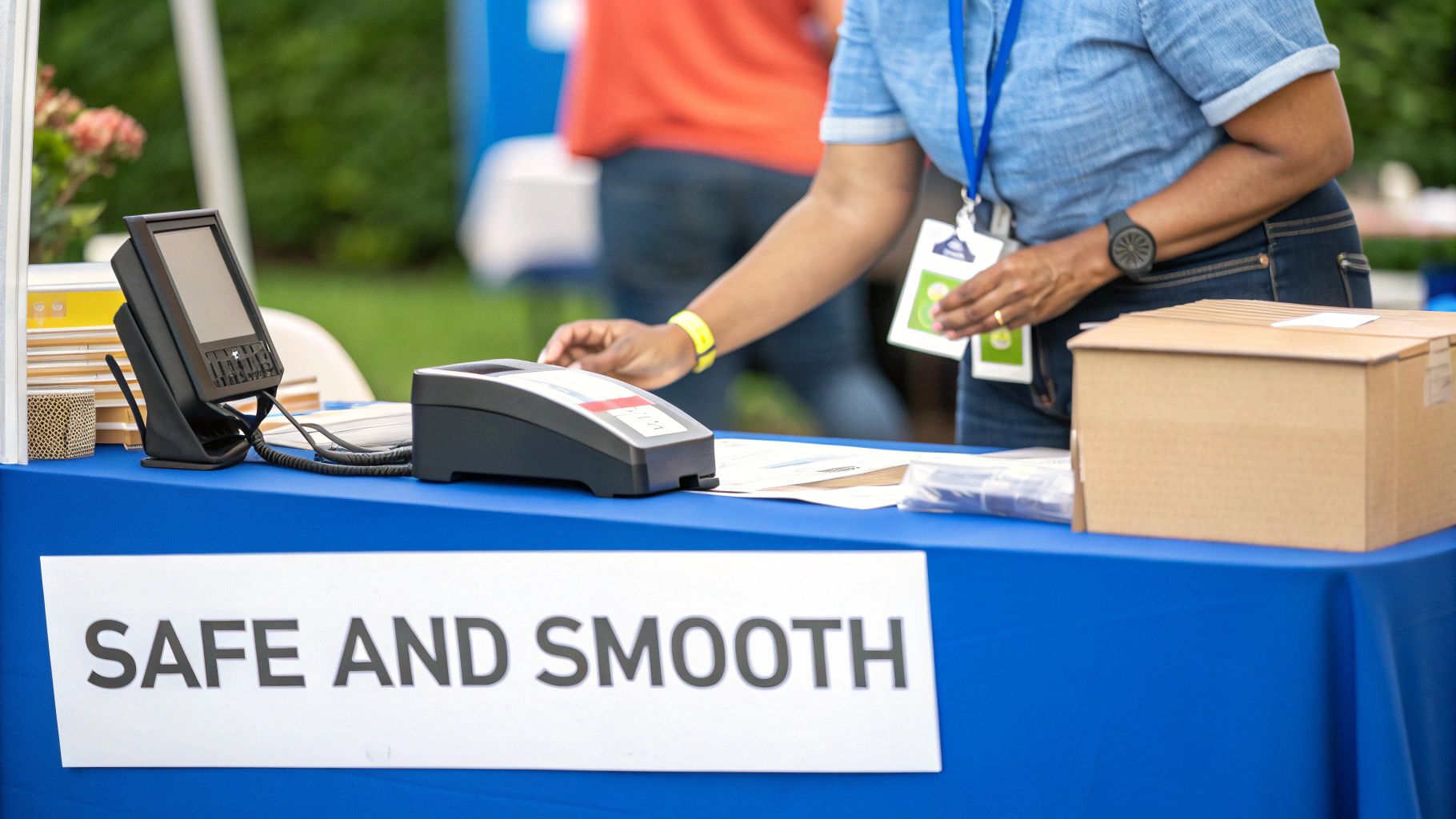 A person uses a payment terminal at an outdoor event booth with a 'SAFE AND SMOOTH' sign.
