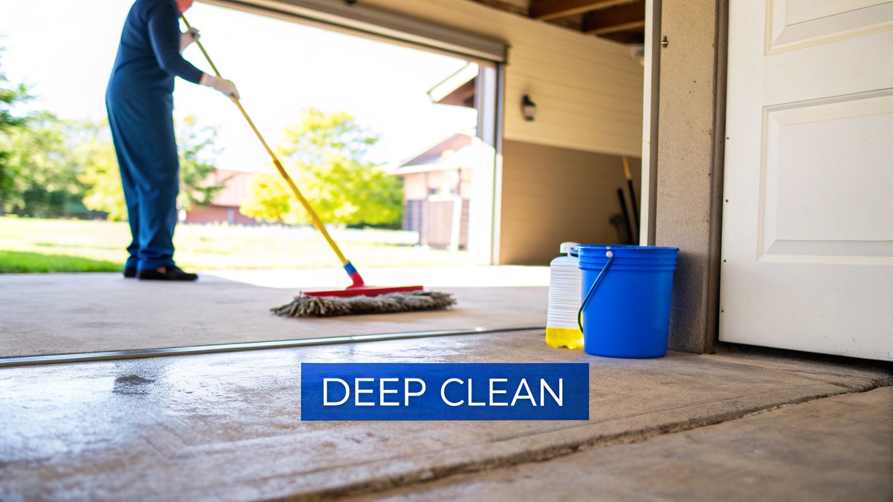 A person pressure washing a clean and empty garage floor.