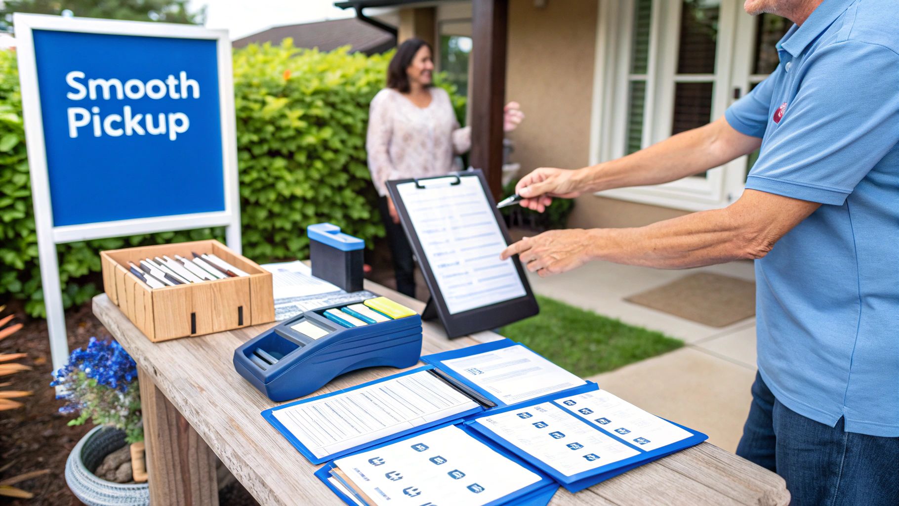 An outdoor pickup station with a 'Smooth Pickup' sign, forms, and a person pointing at a clipboard.