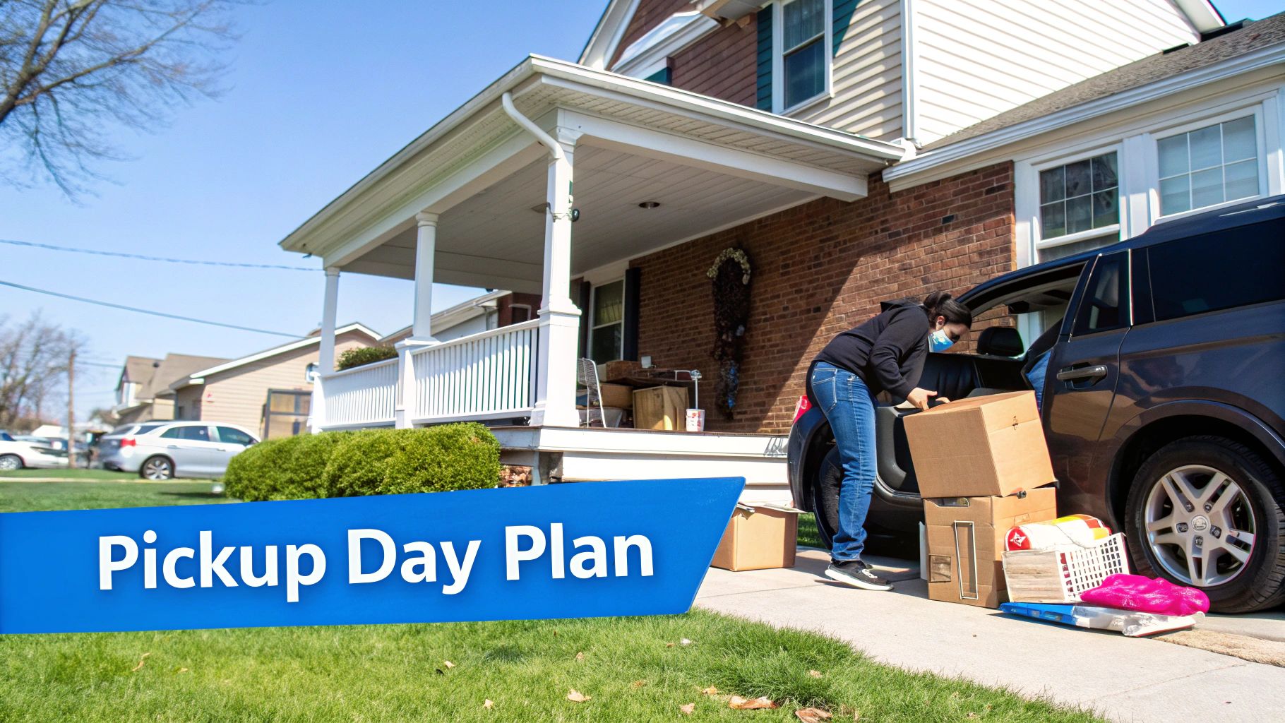 A person in a mask loads moving boxes into an SUV in front of a house on a sunny day.