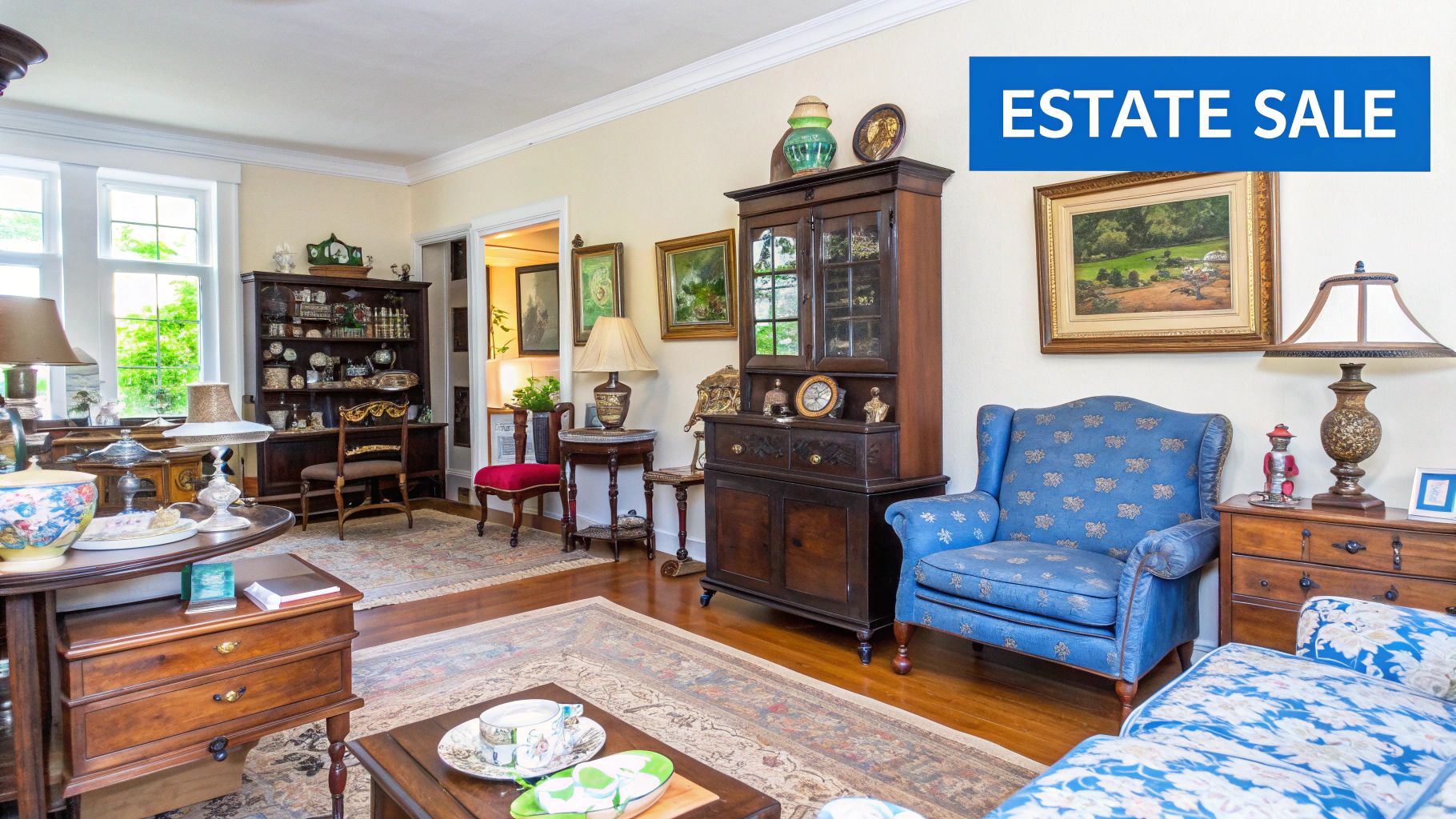 A neatly organized estate sale with priced items on display