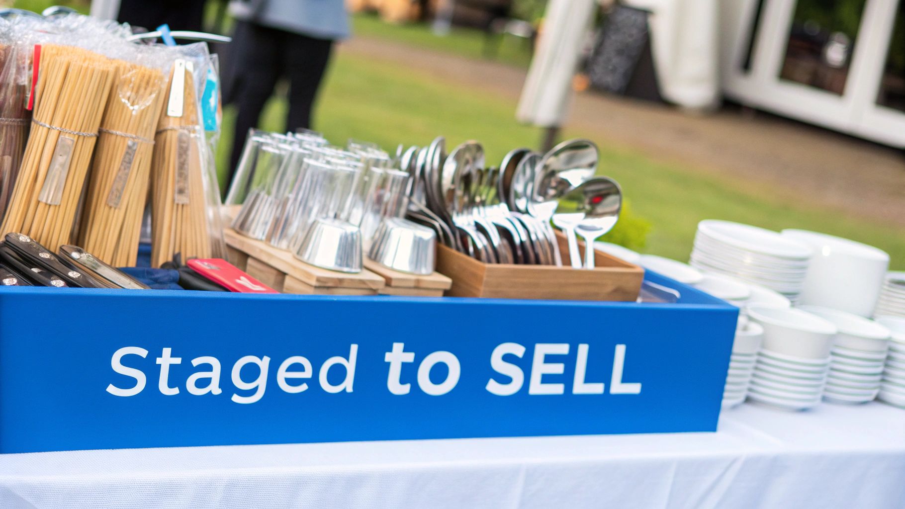 Outdoor table display with utensils, chopsticks, plates and staged to sell sign for garage sale
