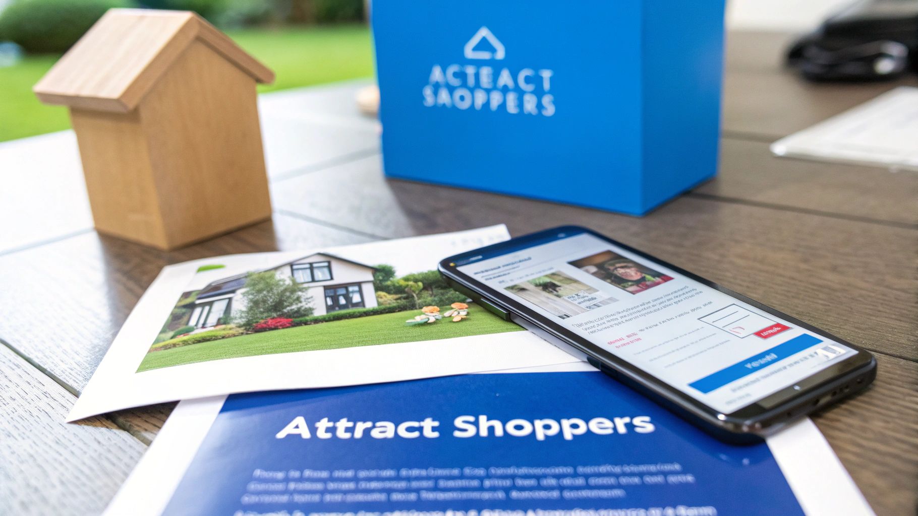 A wooden house model, smartphone with listings, and a real estate brochure on a table.