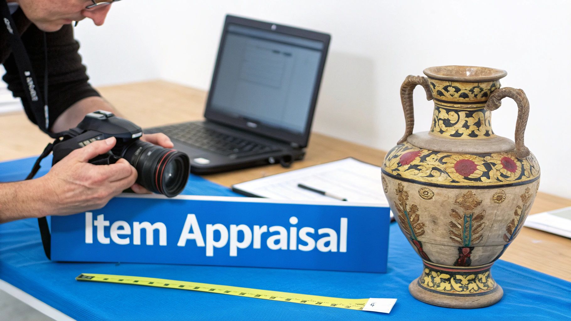 A professional appraiser photographs an antique vase for an estate sale, with a laptop nearby.