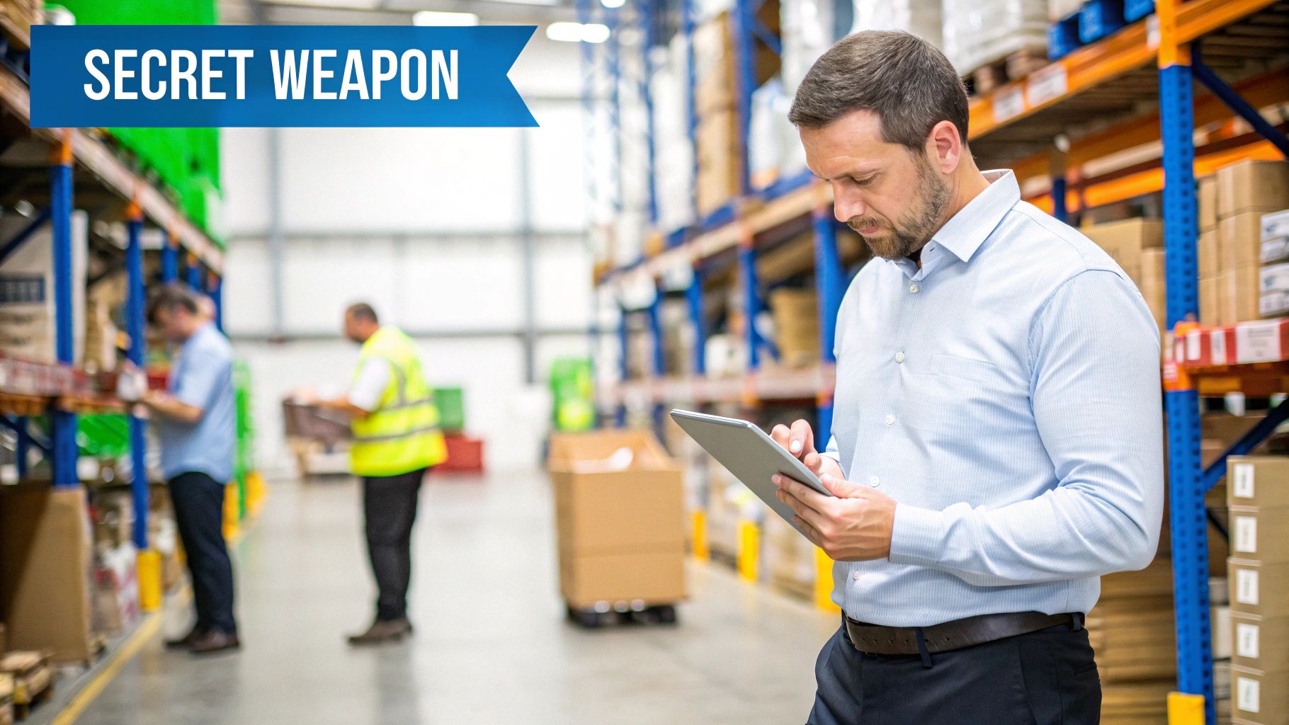 A person organizing boxes on a shelf in a well-lit warehouse, representing smart inventory management.