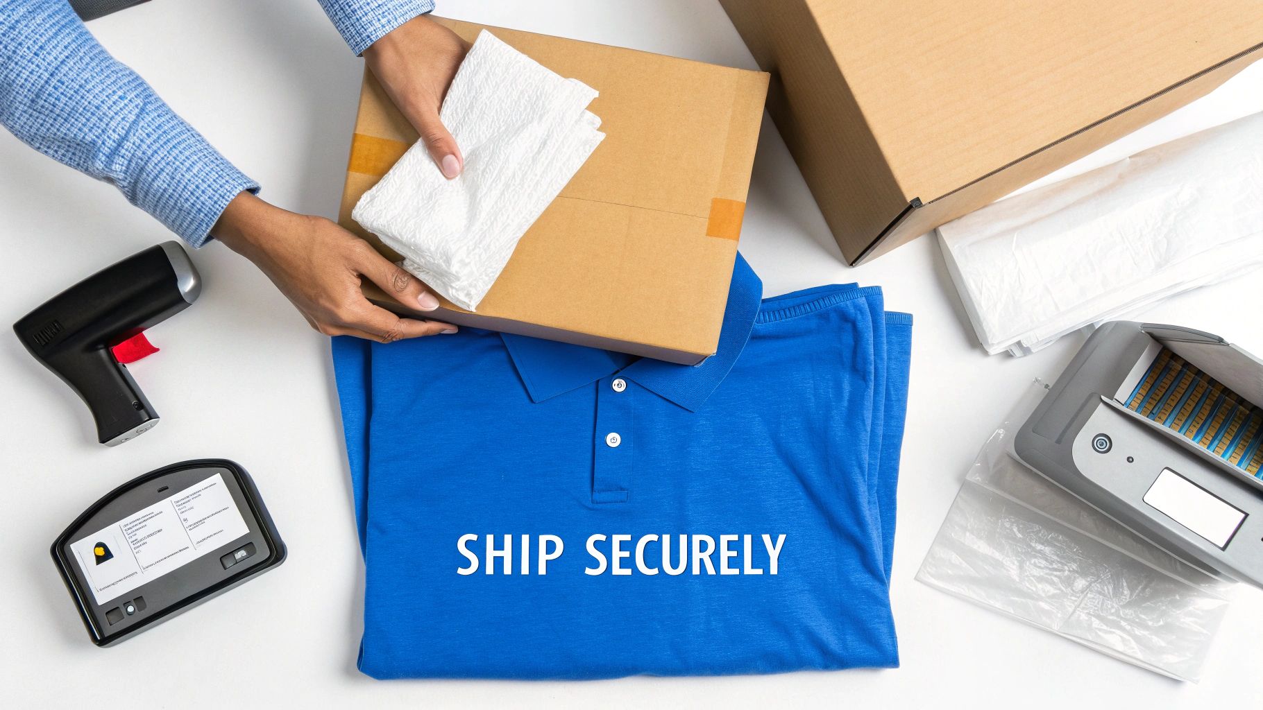 Person packing blue polo shirt in cardboard box with protective materials for secure shipping