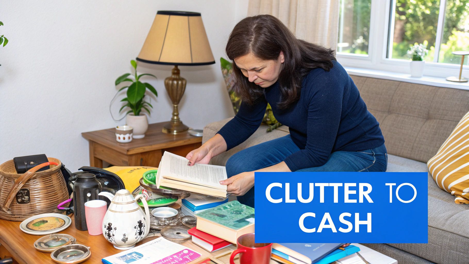A neatly organized room with labeled boxes, representing the decluttering process before selling items online