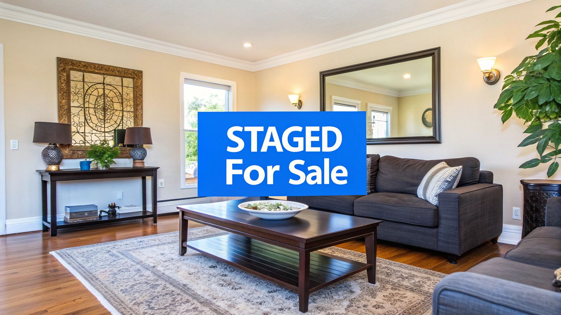 A beautifully staged living room with neutral decor, ready for a home showing.