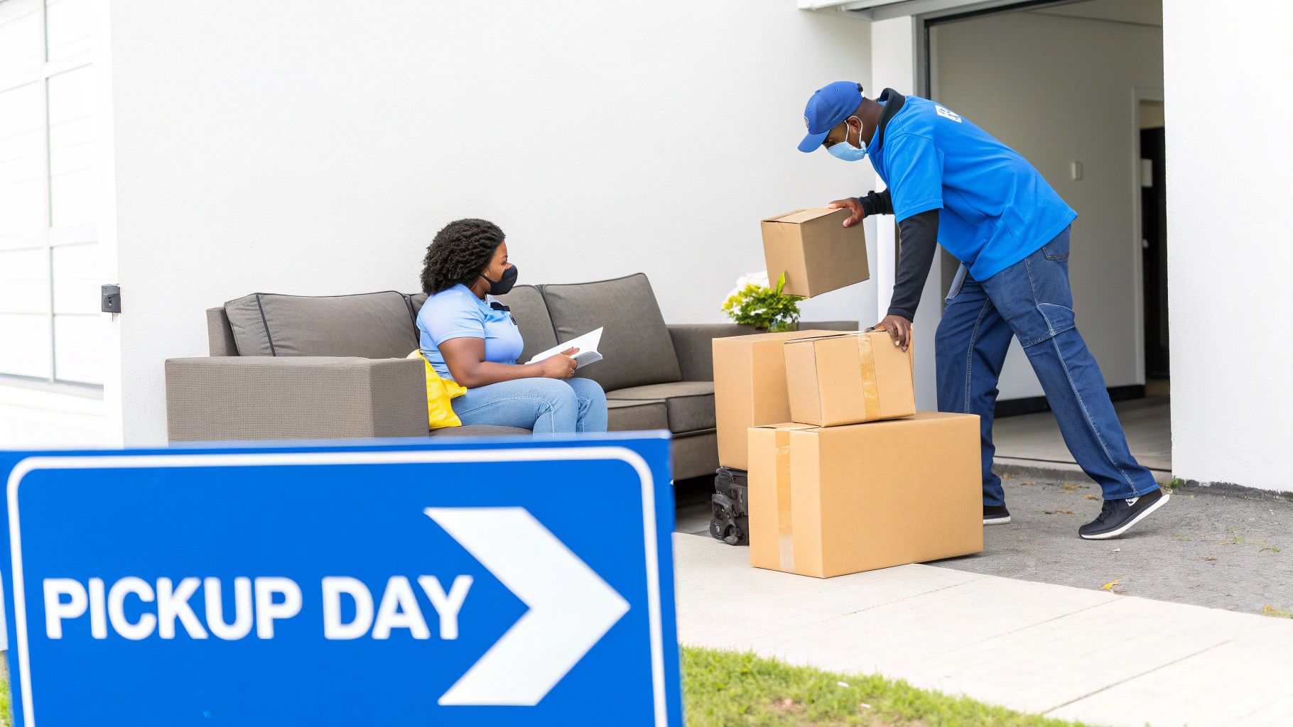 A masked delivery man in blue uniform picks up boxes from a woman on her porch during "Pickup Day".