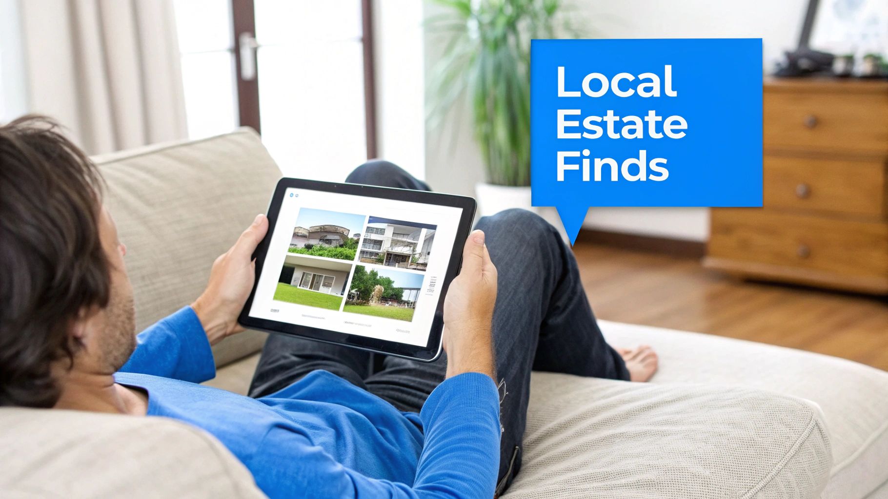 A living room filled with various vintage items, including furniture, lamps, and decorative objects, neatly arranged for an online estate sale.