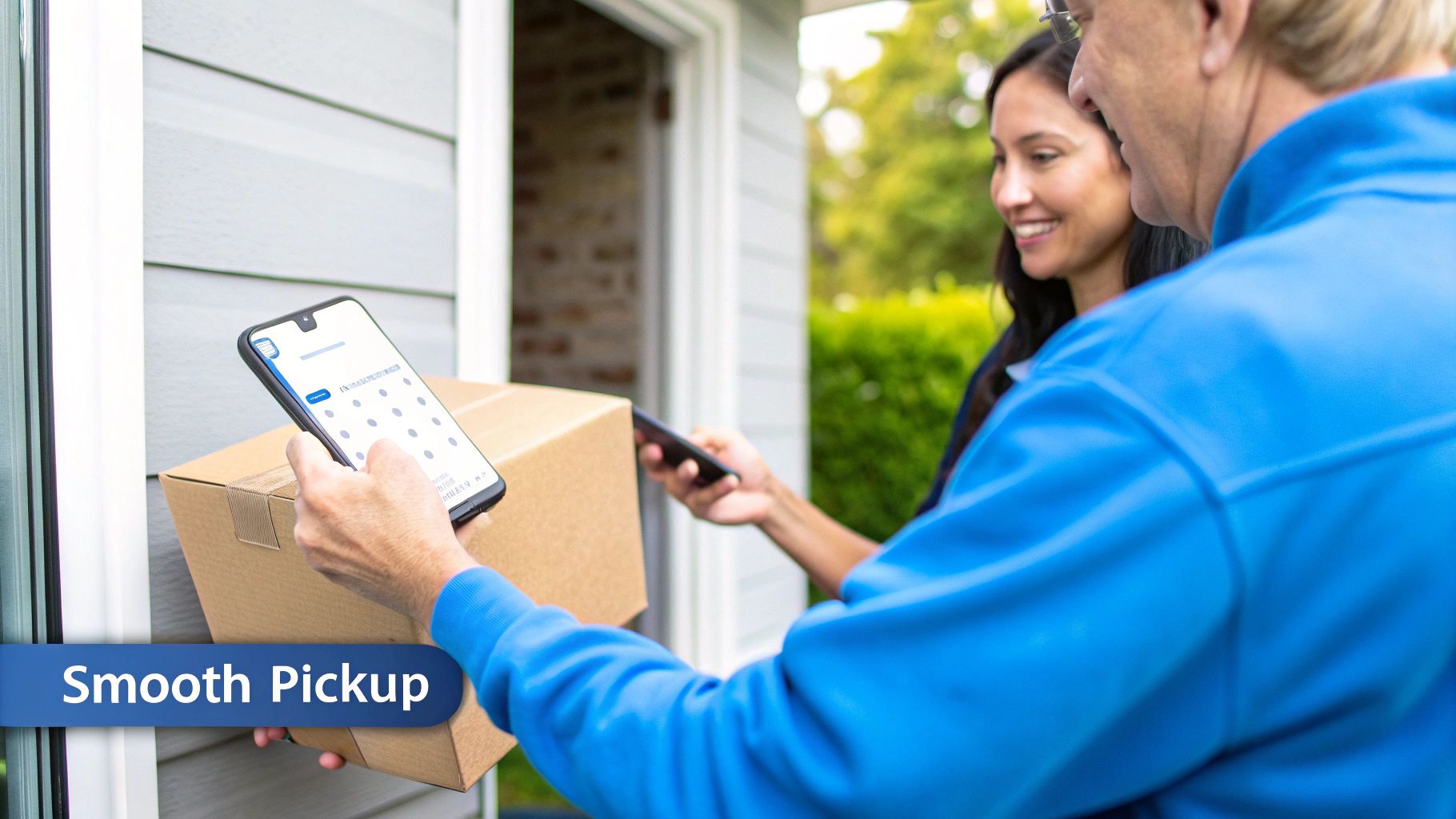 A person handing a boxed item to another person during an organized estate sale pickup in a Chicago neighborhood.
