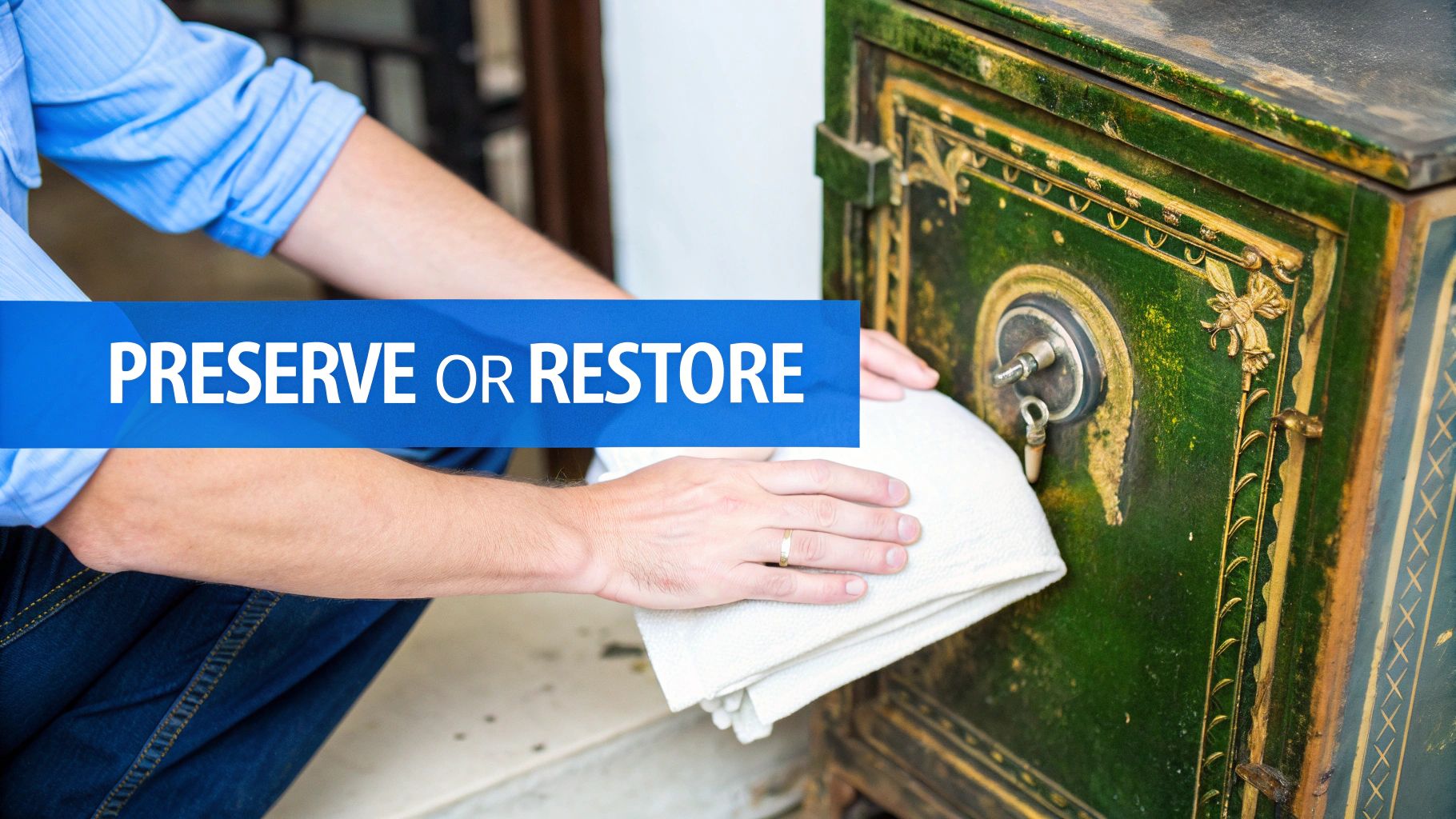 A person cleaning an ornate antique green safe with a white cloth, text says 'PRESERVE OR RESTORE'.