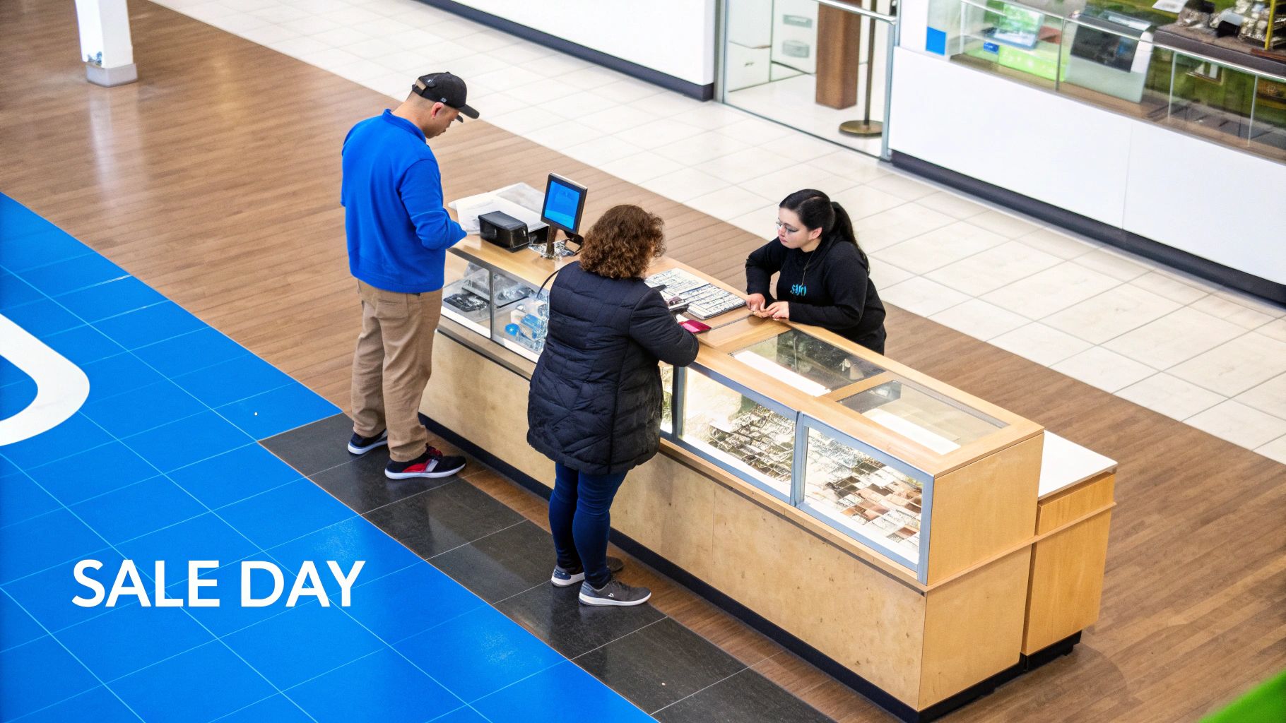 An organized estate sale in progress, with shoppers browsing through neatly arranged household items and furniture.