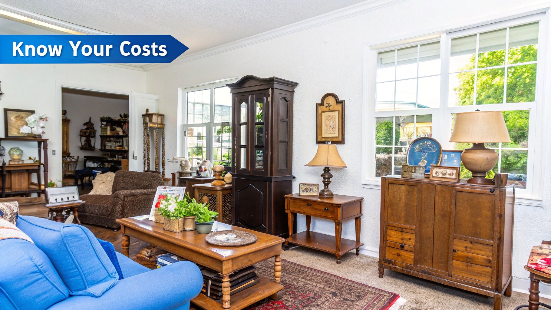 A neatly organized estate sale room with furniture and items tagged for sale.