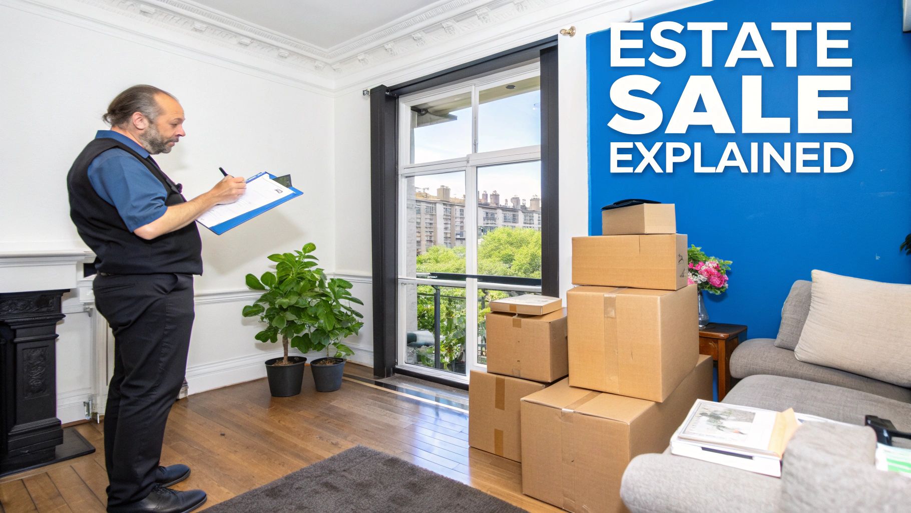 Professional estate sale appraiser cataloging items in apartment with packed moving boxes