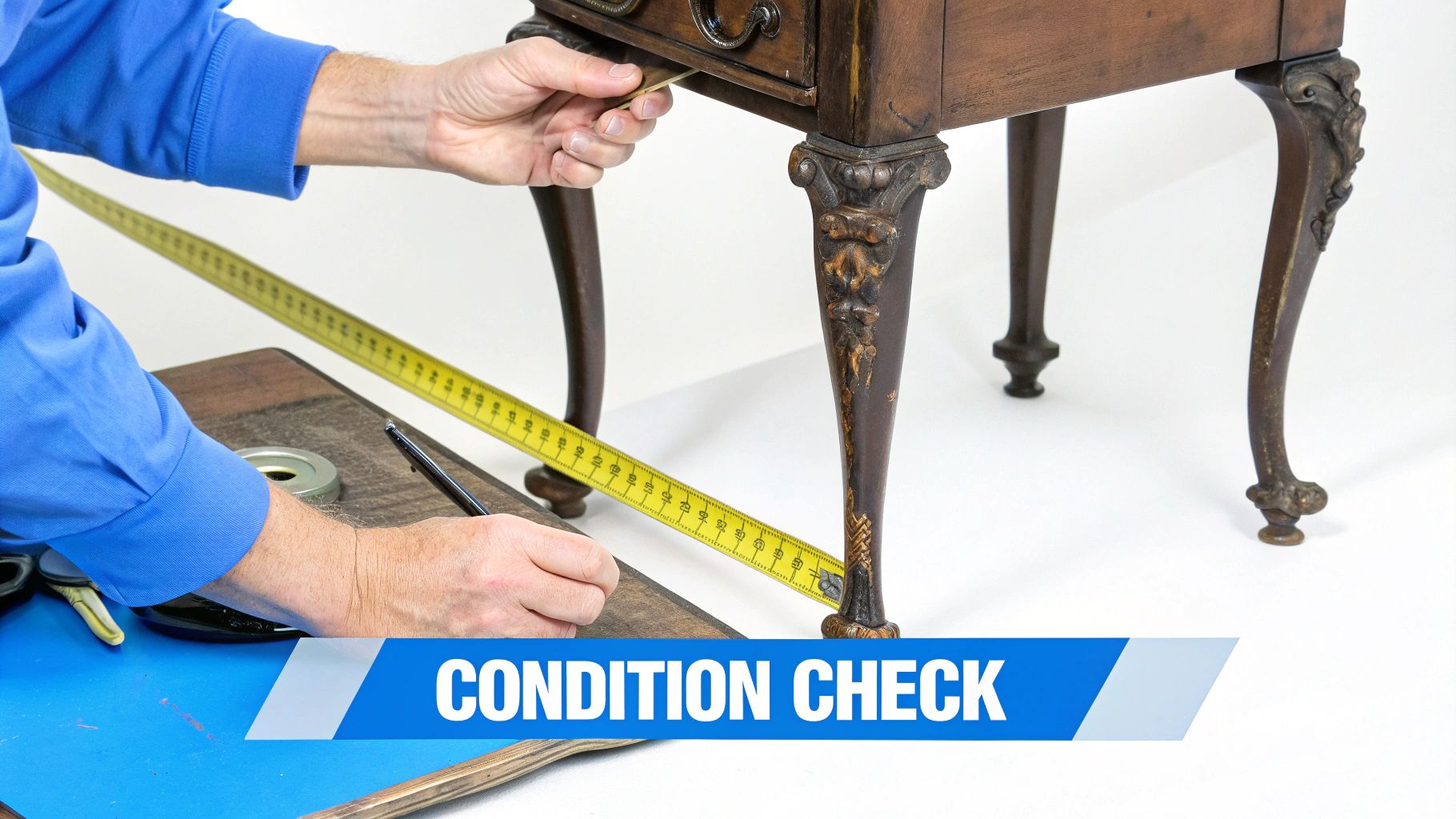 A person's hands measure an ornate antique wooden table with a tape measure for a condition check.
