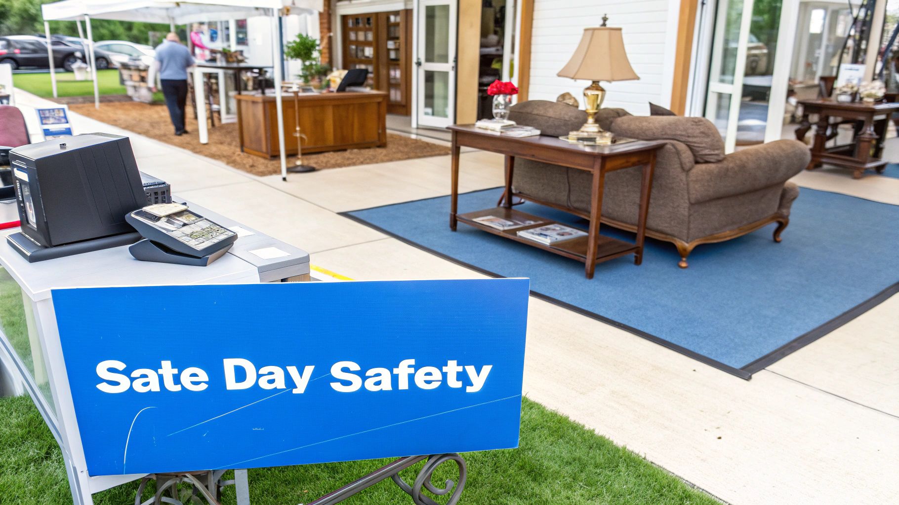 People browsing items at a well-organized estate sale inside a home.
