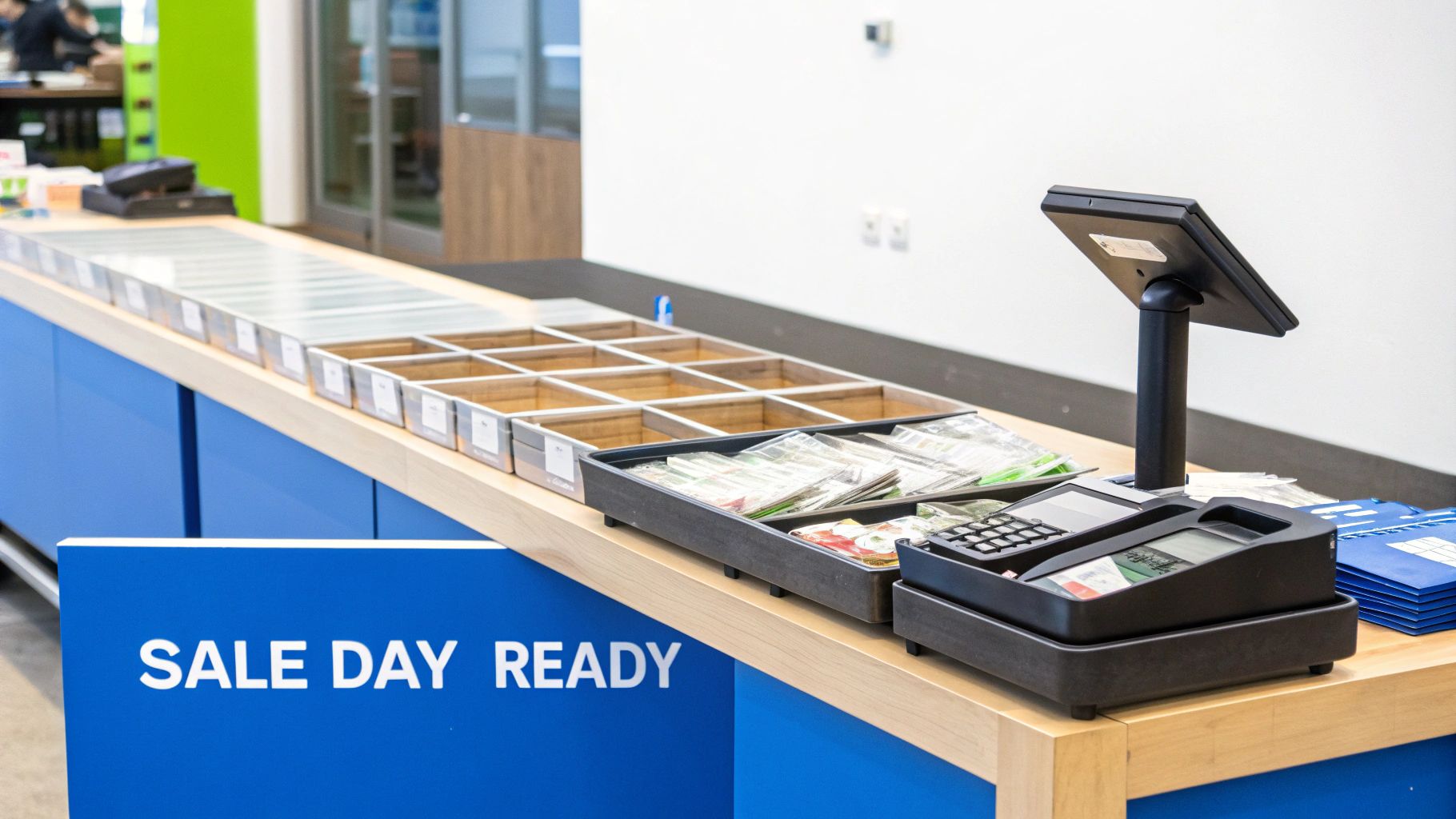 A long sales counter with display trays, a point-of-sale system, and a 'SALE DAY READY' sign.