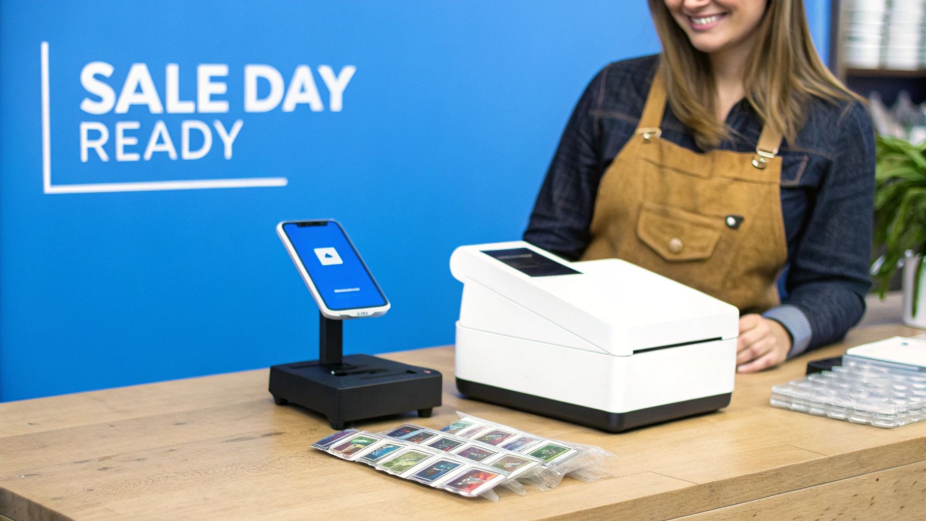 A smiling cashier at a modern retail checkout with a smartphone POS, receipt printer, and collectible cards.