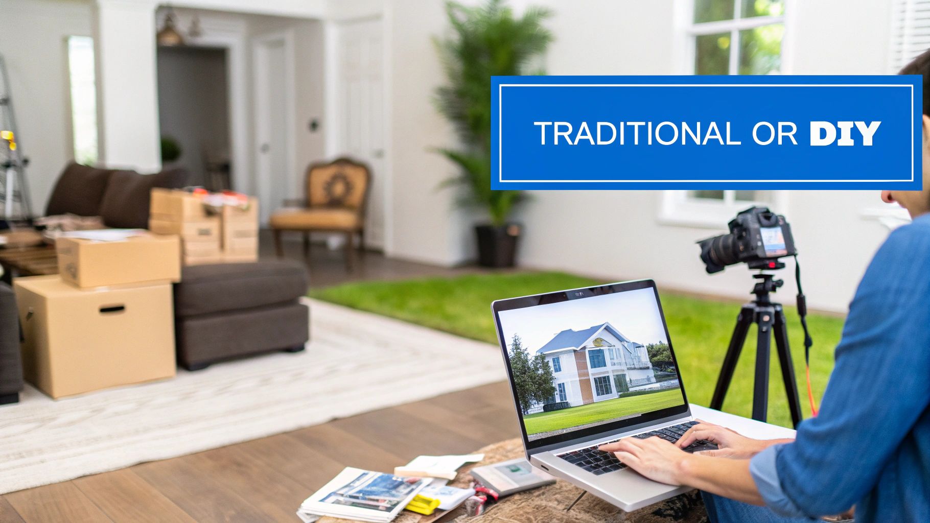 A person editing real estate photos on a laptop, with a camera and moving boxes, discussing traditional or DIY sales.