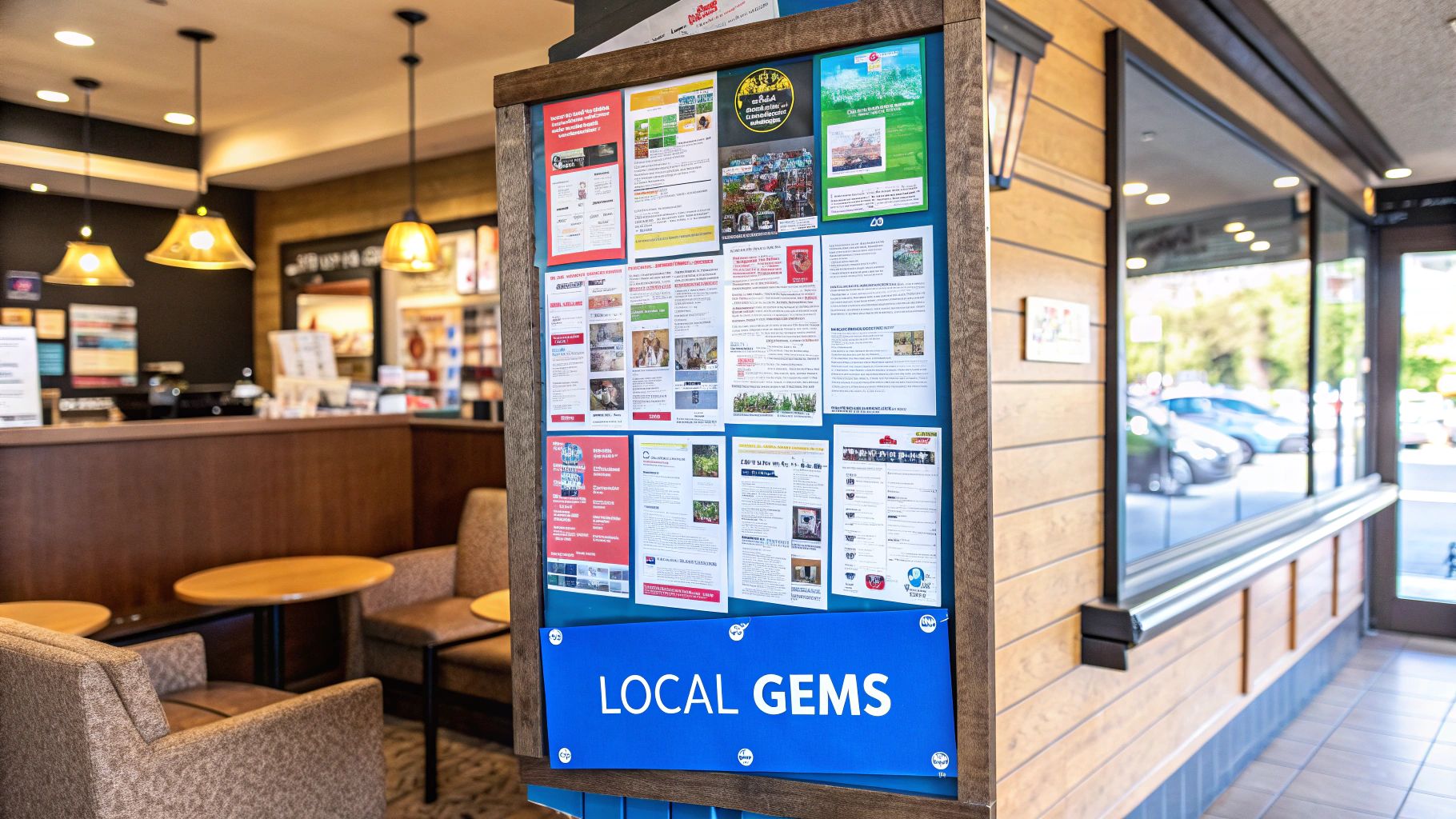 A close-up of a local community bulletin board with various flyers and notices tacked on.