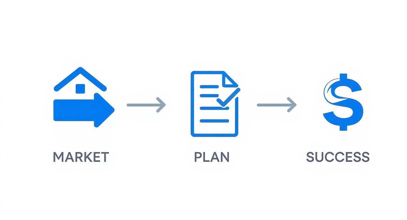 A three-step process diagram showing market, plan, and success with icons for real estate.