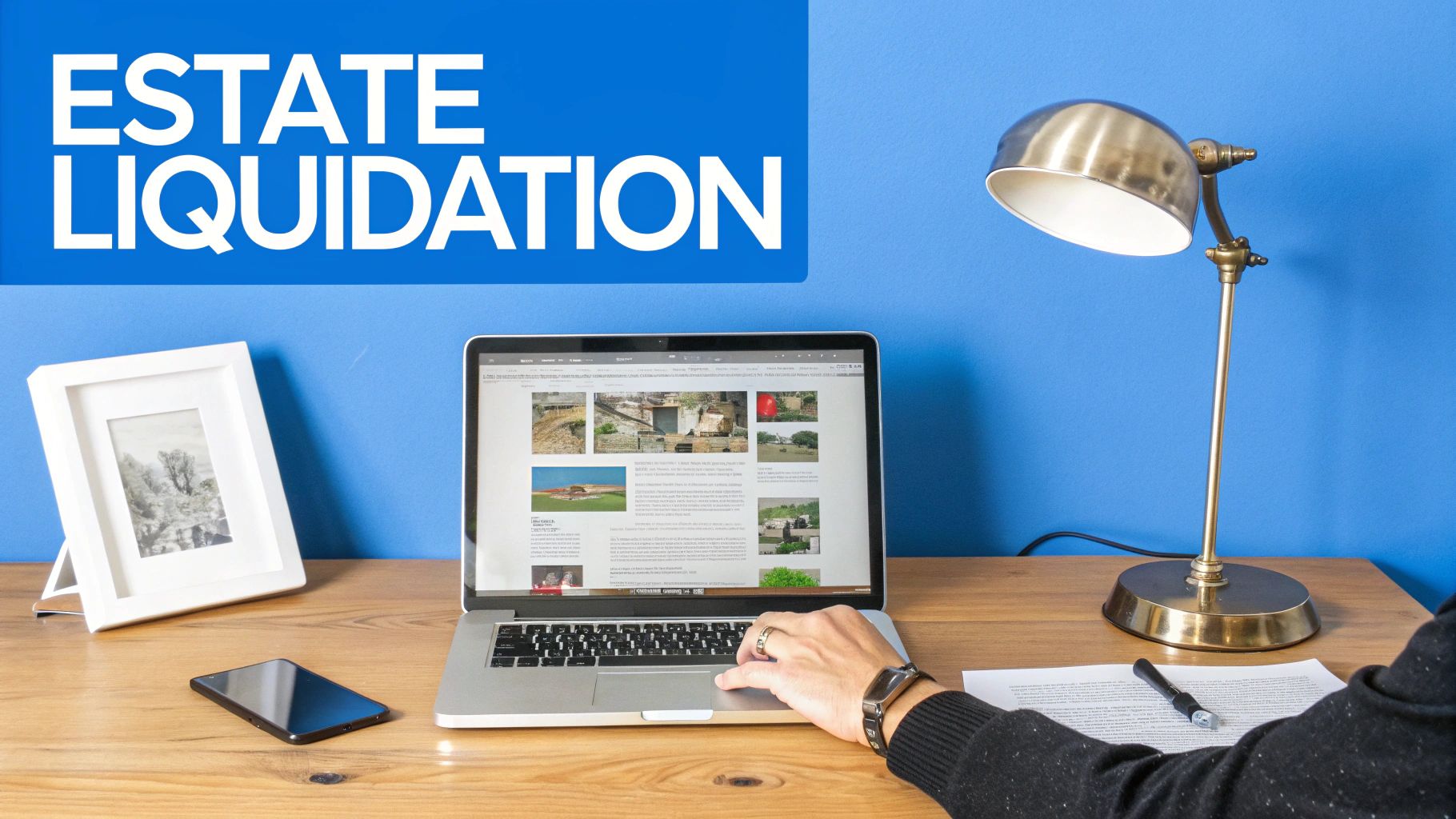 A person uses a laptop on a wooden desk, displaying property images. 'ESTATE LIQUIDATION' text is on the blue wall background.