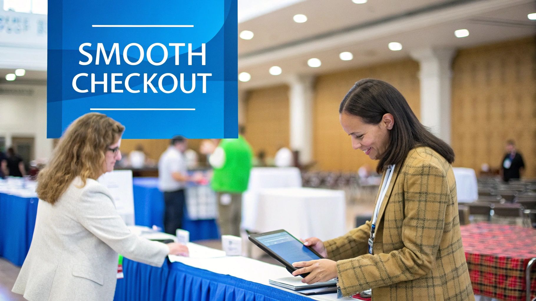 A well-organized checkout area at an estate sale, with a person handling a payment.