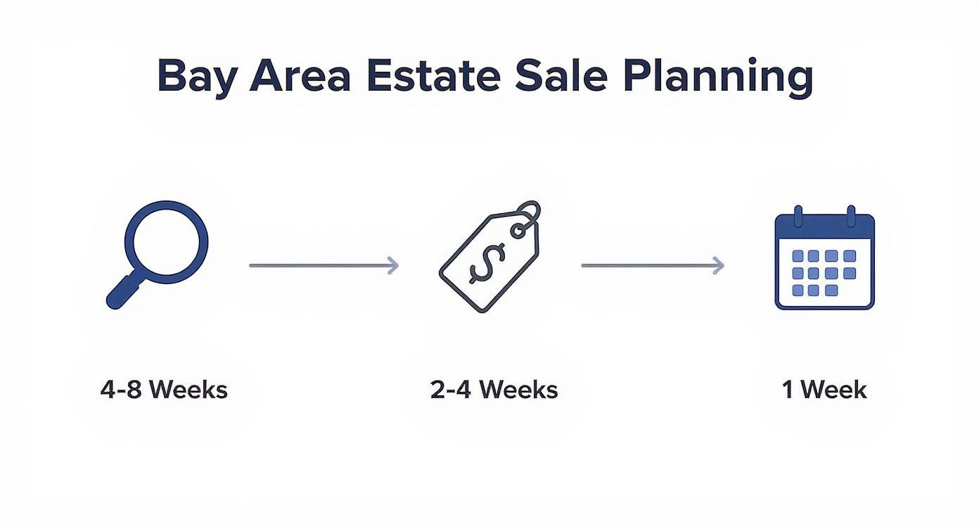 Bay Area estate sale planning timeline showing three phases: research, pricing, and scheduling process