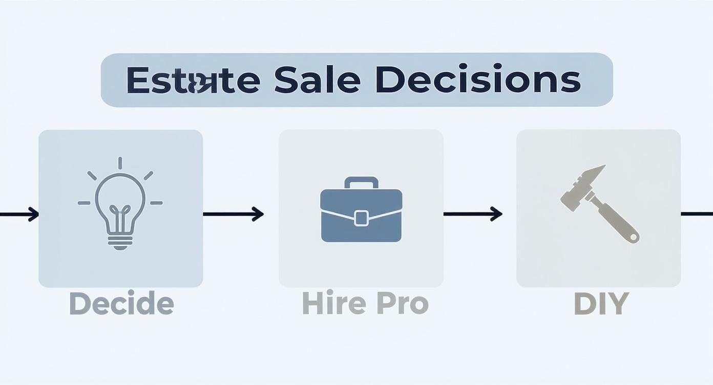 A flowchart titled 'Estate Sale Decisions' showing options: Decide (lightbulb), Hire Pro (briefcase), or DIY (hammer).
