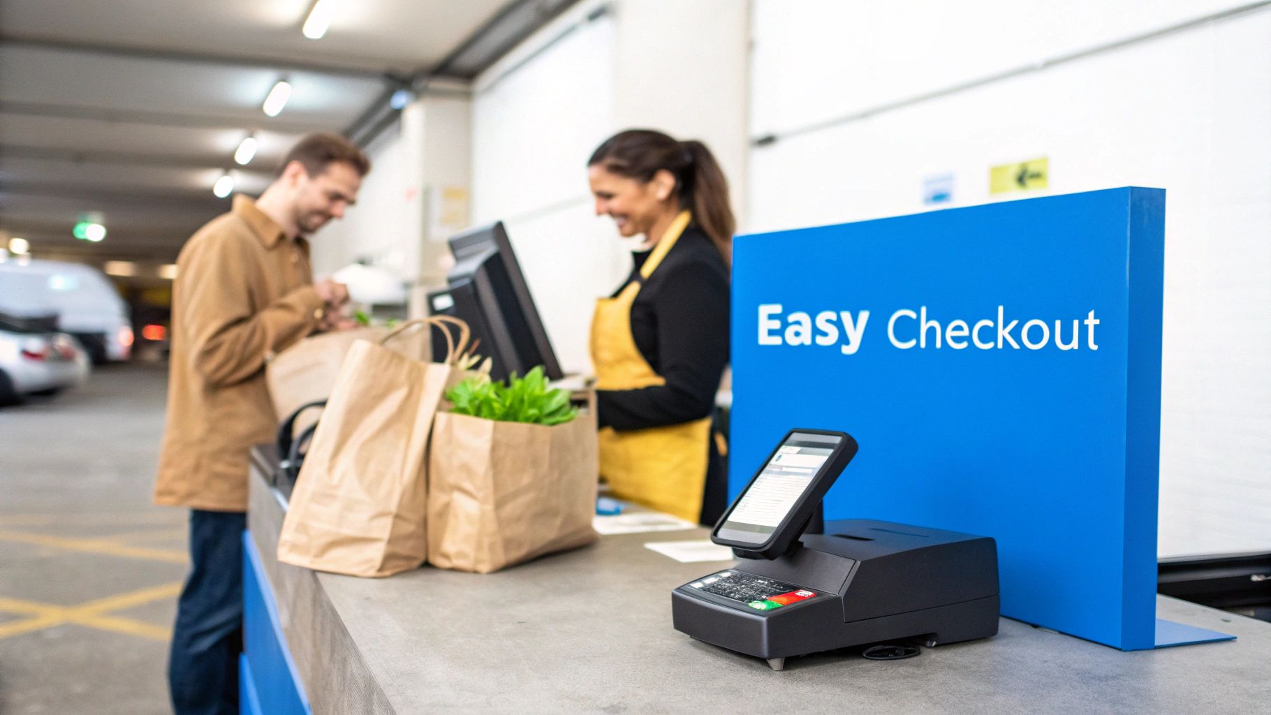 Customer using easy checkout self-service payment terminal at parking garage grocery pickup station