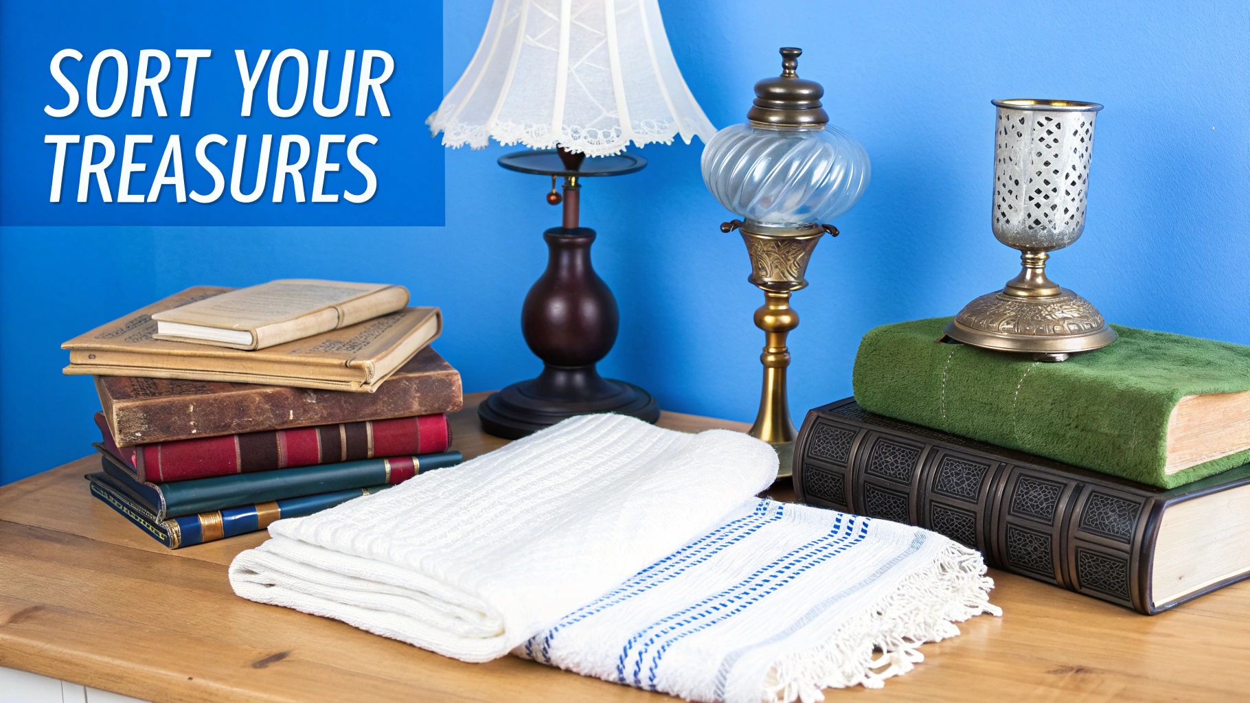 A neatly organized room with items ready for a downsizing estate sale, showing furniture and decor.