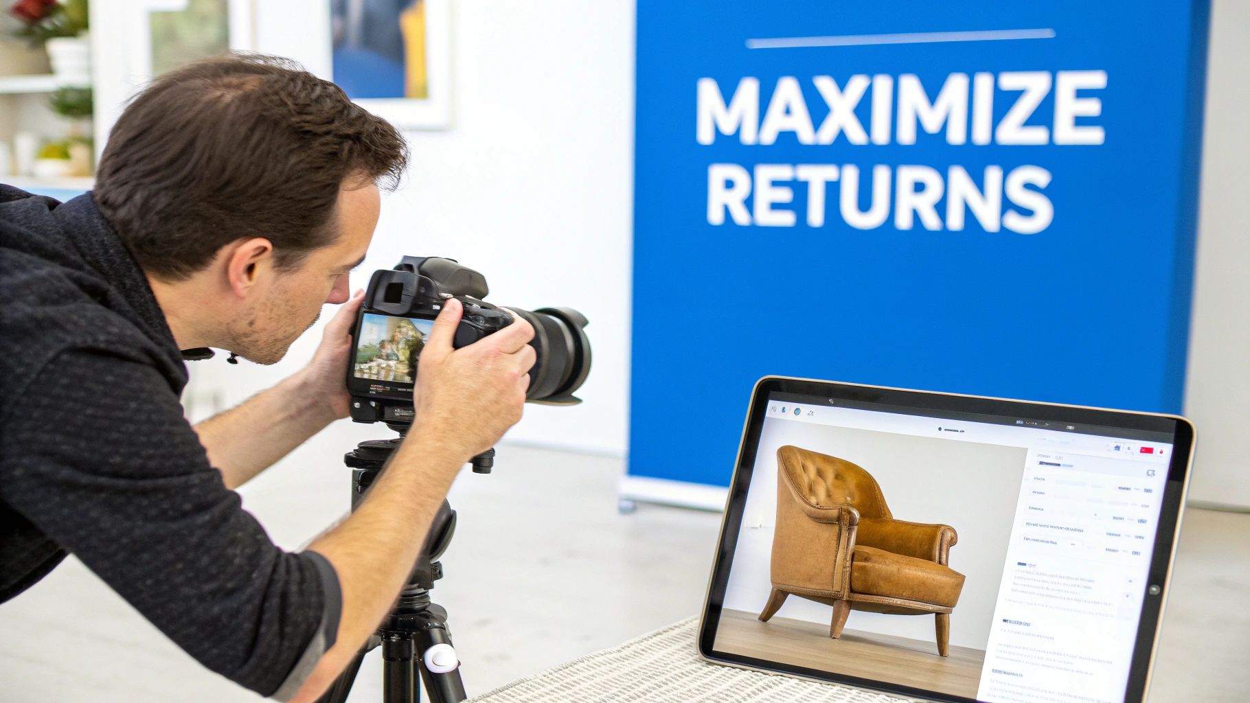 A person taking professional photos of antique items with a modern camera, set up for an online auction.