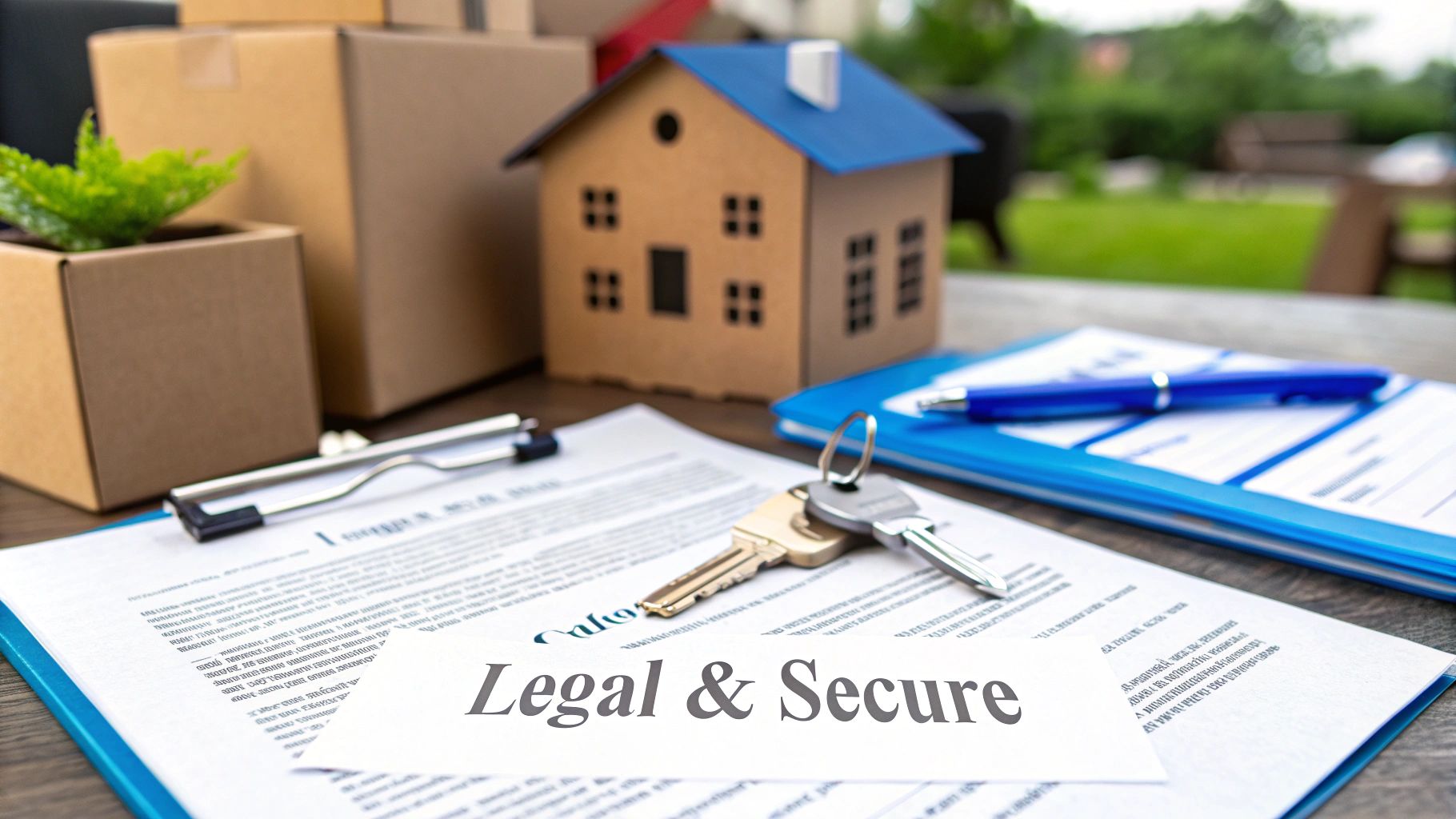 A miniature house, keys, legal documents, and moving boxes on a table with 'Legal & Secure' text.