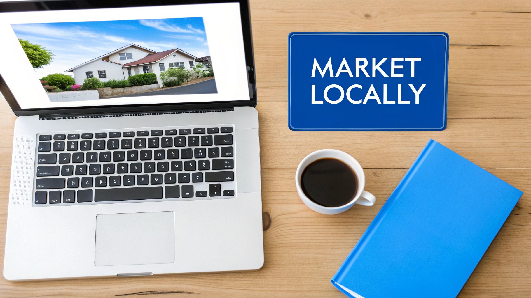 A collage of vintage items laid out for an estate sale, including a camera, postcards, and a pair of scissors.