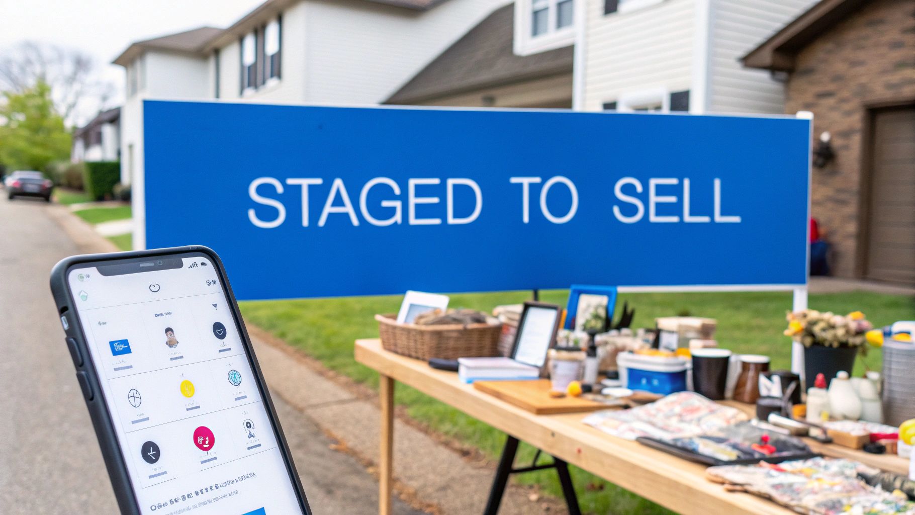 A "STAGED TO SELL" sign stands behind a table of items and a person using a smartphone at a garage sale.